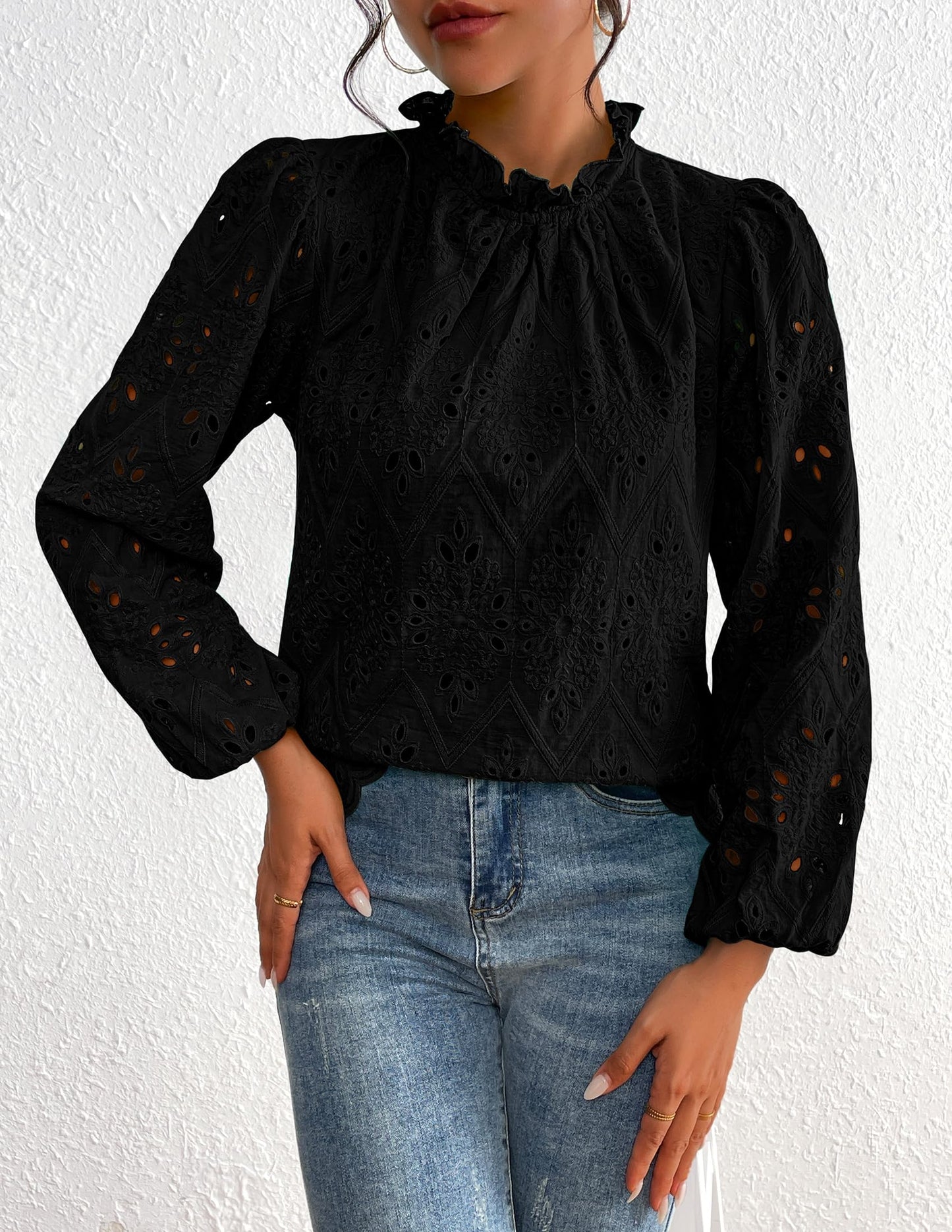 Women’s Blouses Dressy Casual Embroidered Long Puff Sleeve Shirts Ruffle Eyelet Lace Top