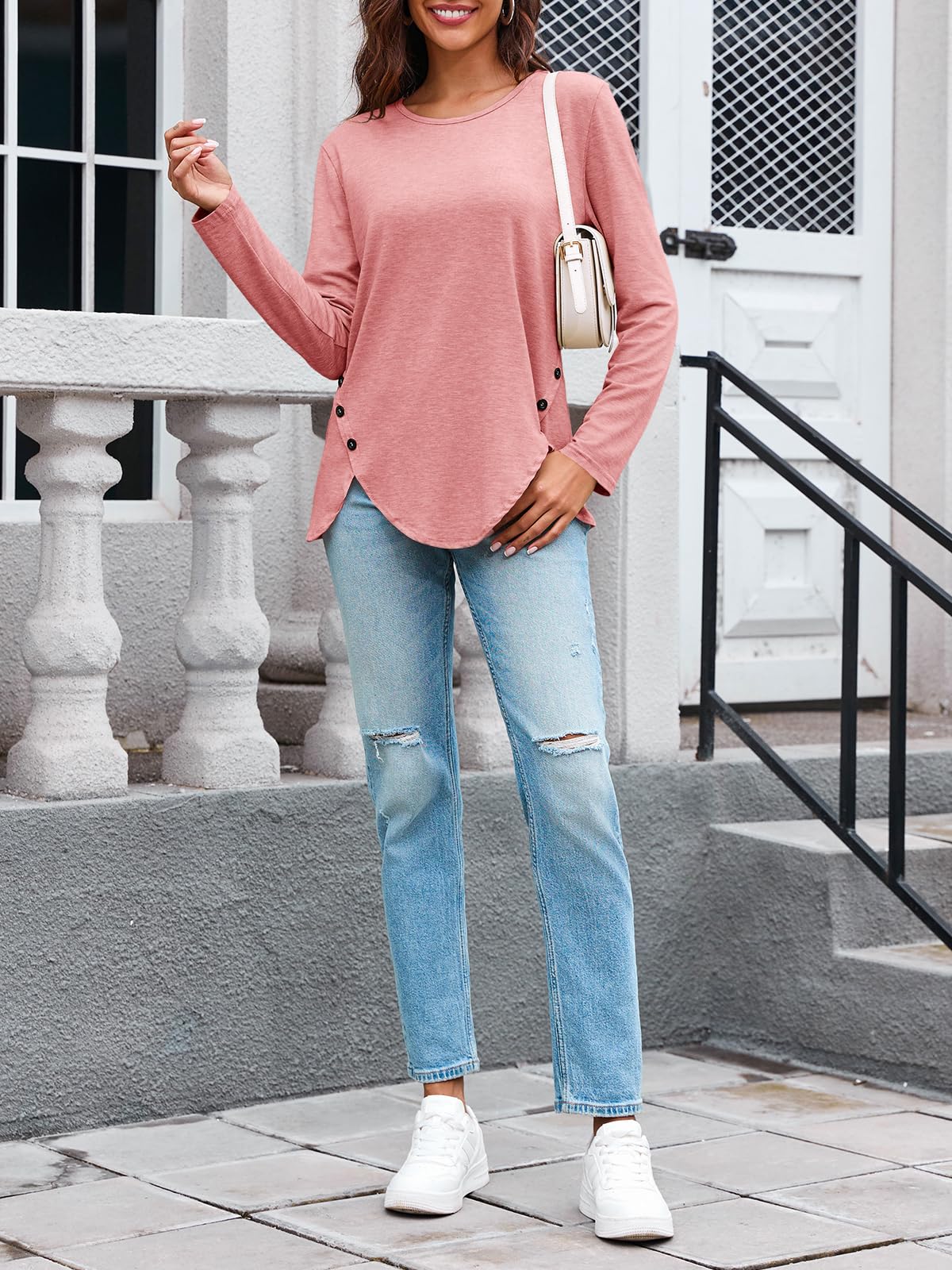 Womens Casual Long Sleeve Tunic Shirts Round Neck Button Side Blouses Tops