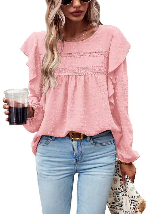 Women's Long Sleeve Blouses Ruffle Swiss Dot Crochet Loose Fit
