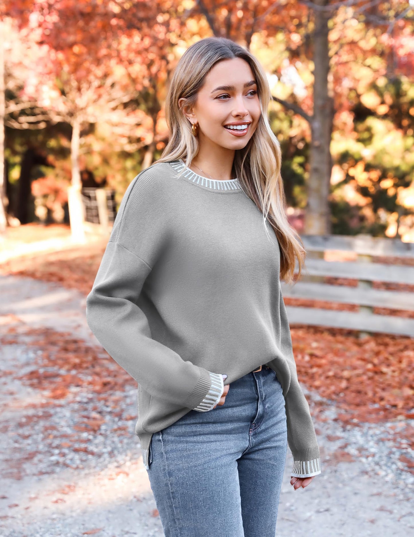 Womens Crewneck Pullover Sweater Long Sleeve Knit Side Slit