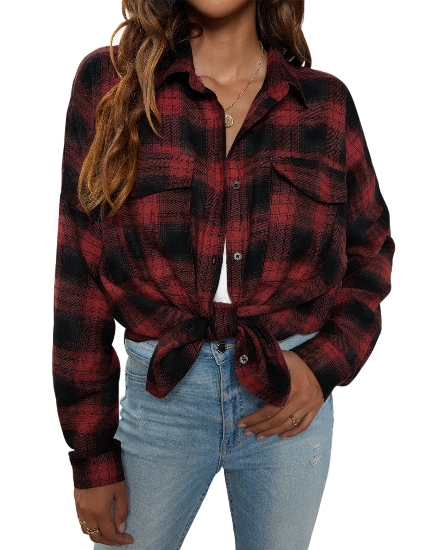 Women's Button Down Flannel Shirts Plaid Shacket Long Sleeve Collared Business Casual Tops Work Blouses