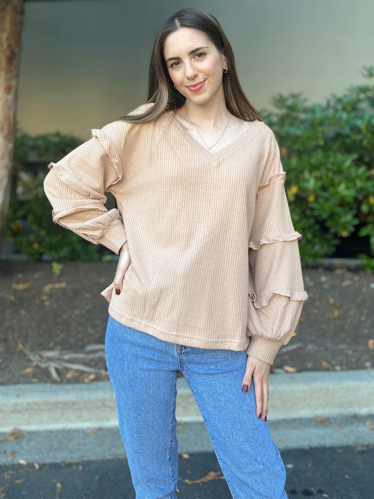 Women’s V Neck Long Sleeve Blouse Loose Fit Tunics Ruffles Off Shoulder Waffle Knit Solid Color Tops