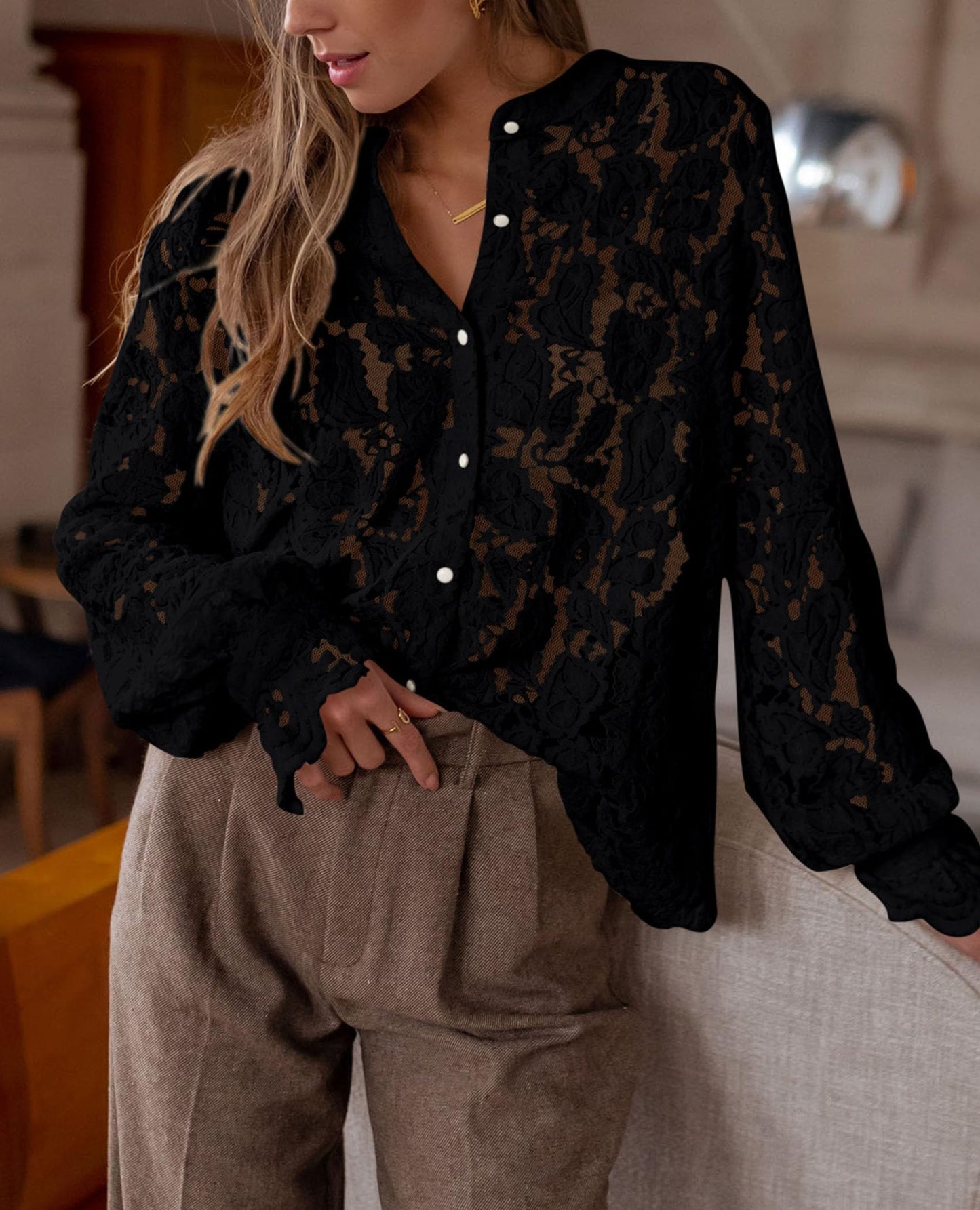 Women's Dressy Casual Lace Blouse Long Sleeve Button Up Shirts Tops