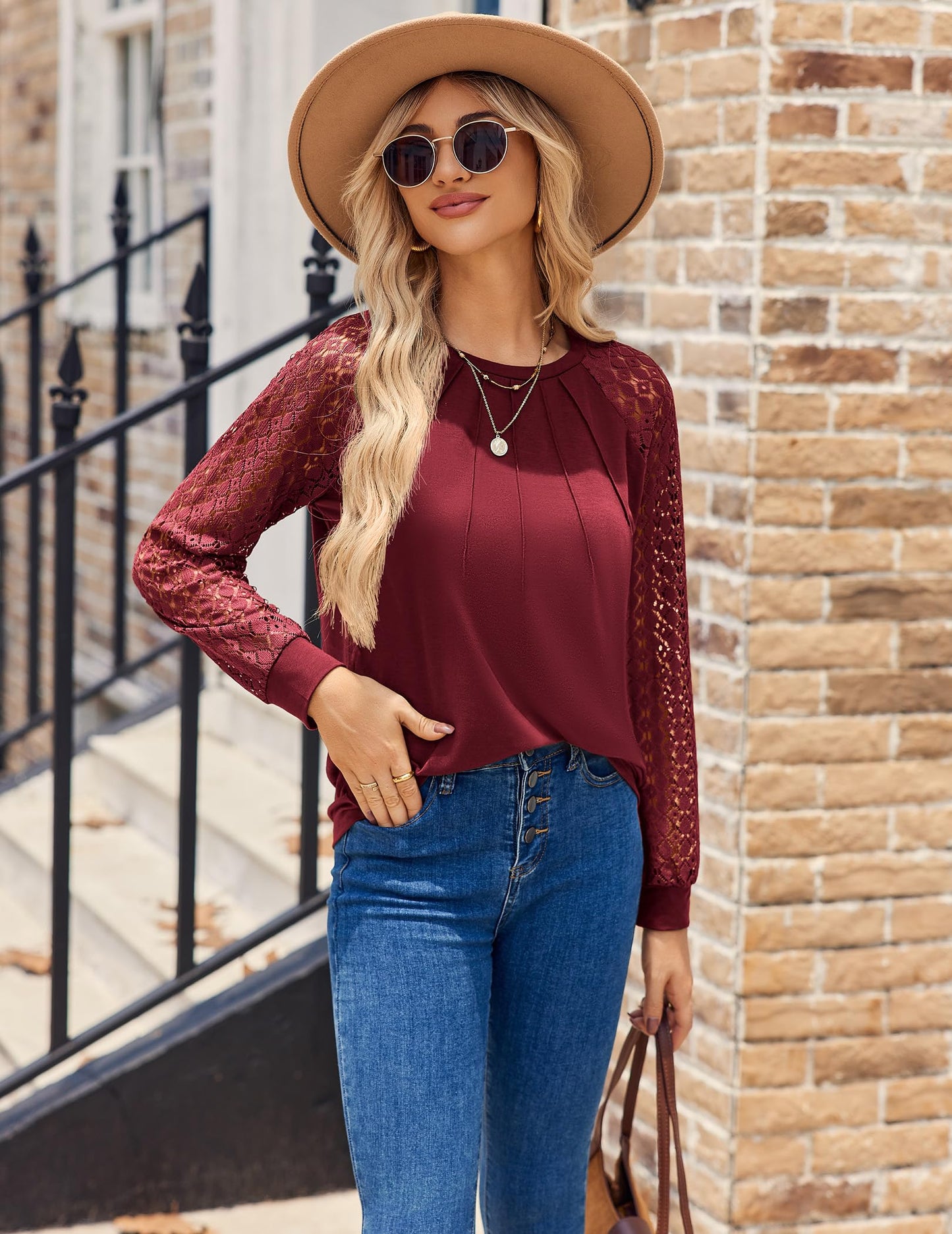 Women's Lace Long Sleeve Tops Dressy Business Casual Blouses Front Pleated Work Shirts