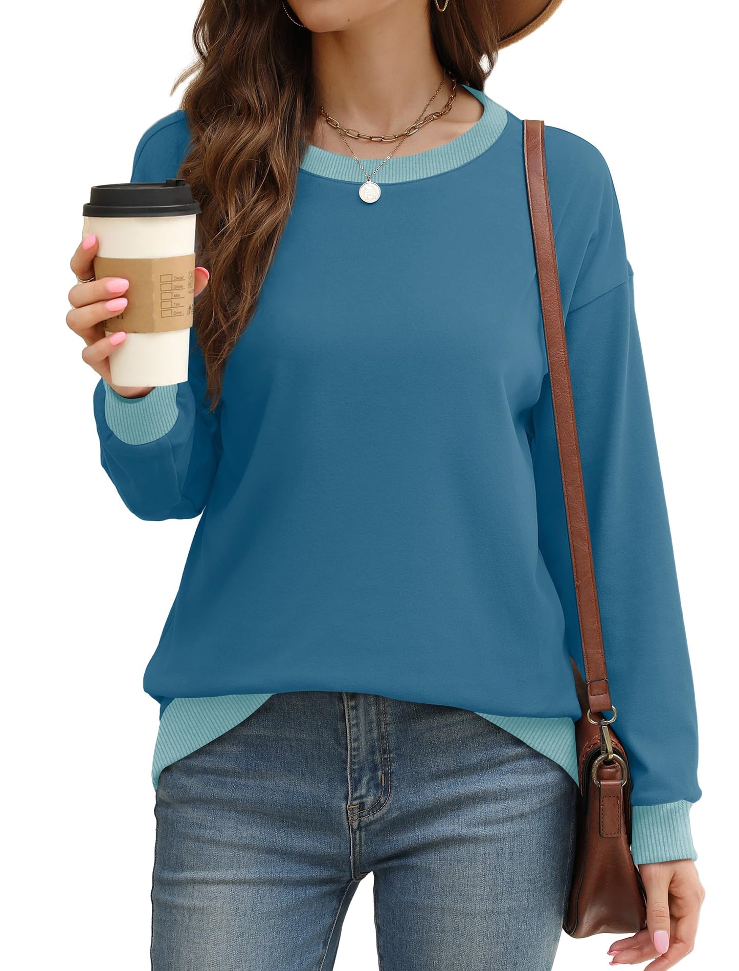 Sweatshirts for Women Crewneck Long Sleeve Loose Fit Tops Color Block Ribbed Trim Fashion