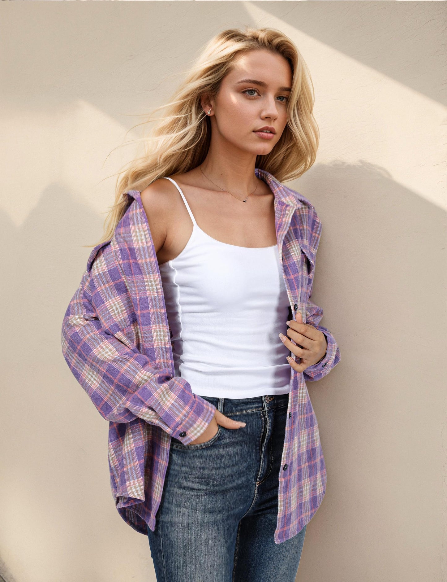 Women's Button Down Flannel Shirts Plaid Shacket Long Sleeve Collared Business Casual Tops Work Blouses