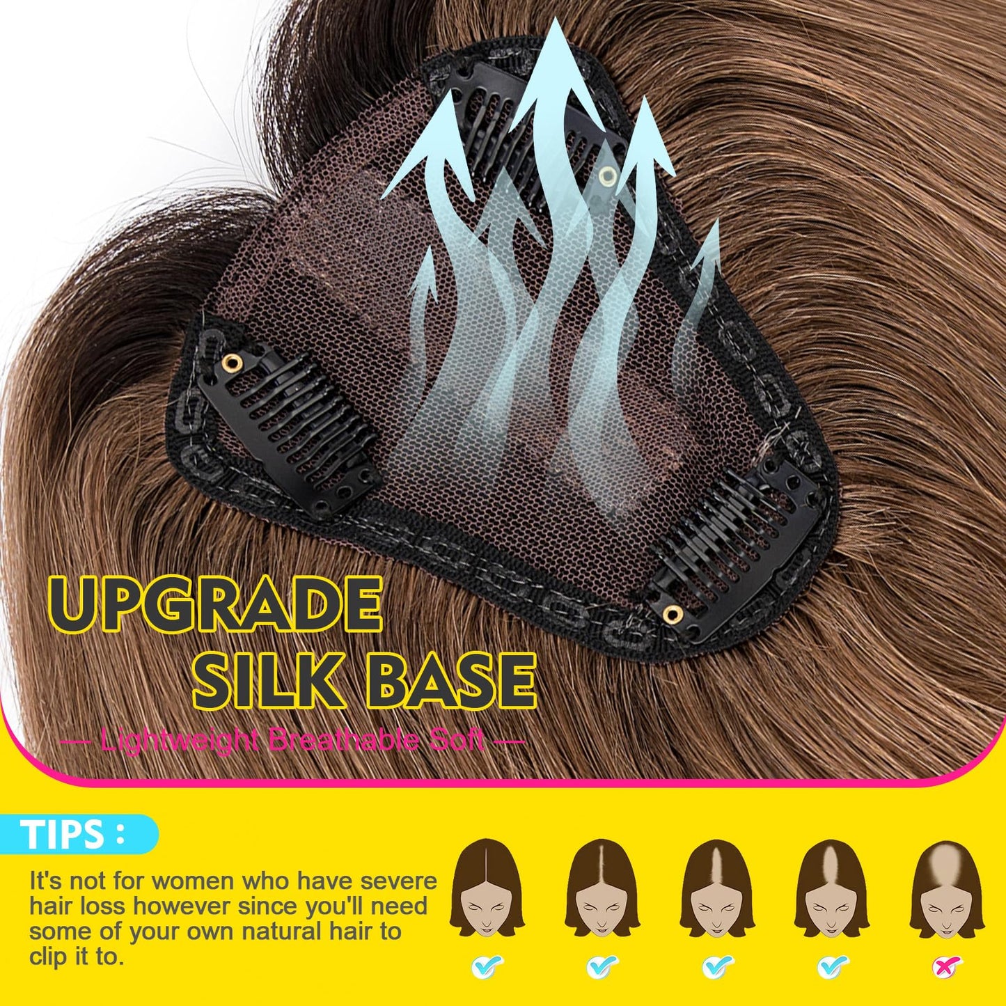 Human Hair Toppers for Women Real Human Hair No Bangs Toppers Hair Pieces for Women with Thinning Hair Upgraded Silk Base 10in. Clip In