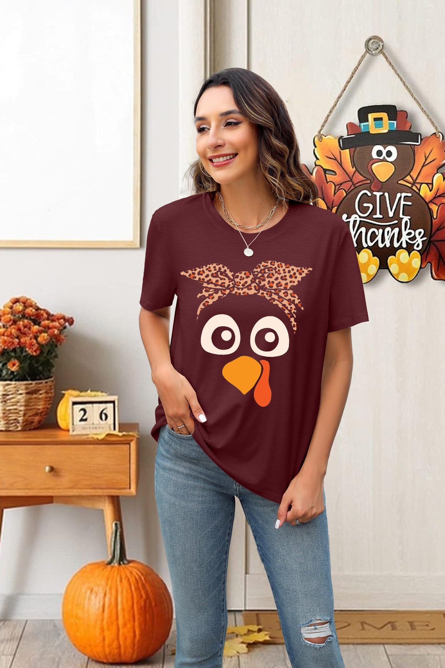 Turkey Shirts for Women Thanksgiving Shirt Funny Turkey Face Graphic Shirts Cute Fall Holiday Tee Tops
