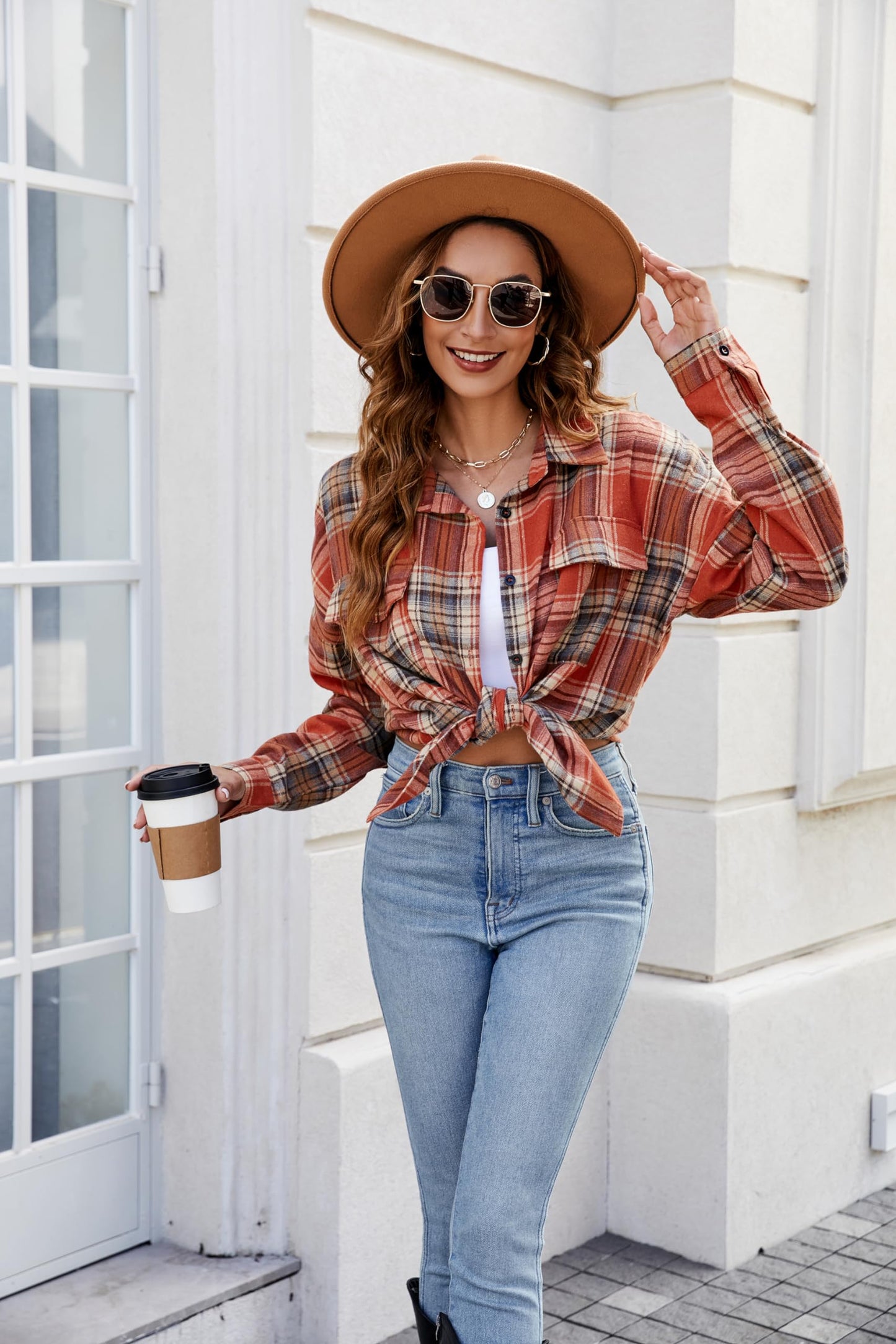 Women's Button Down Flannel Shirts Plaid Shacket Long Sleeve Collared Business Casual Tops Work Blouses