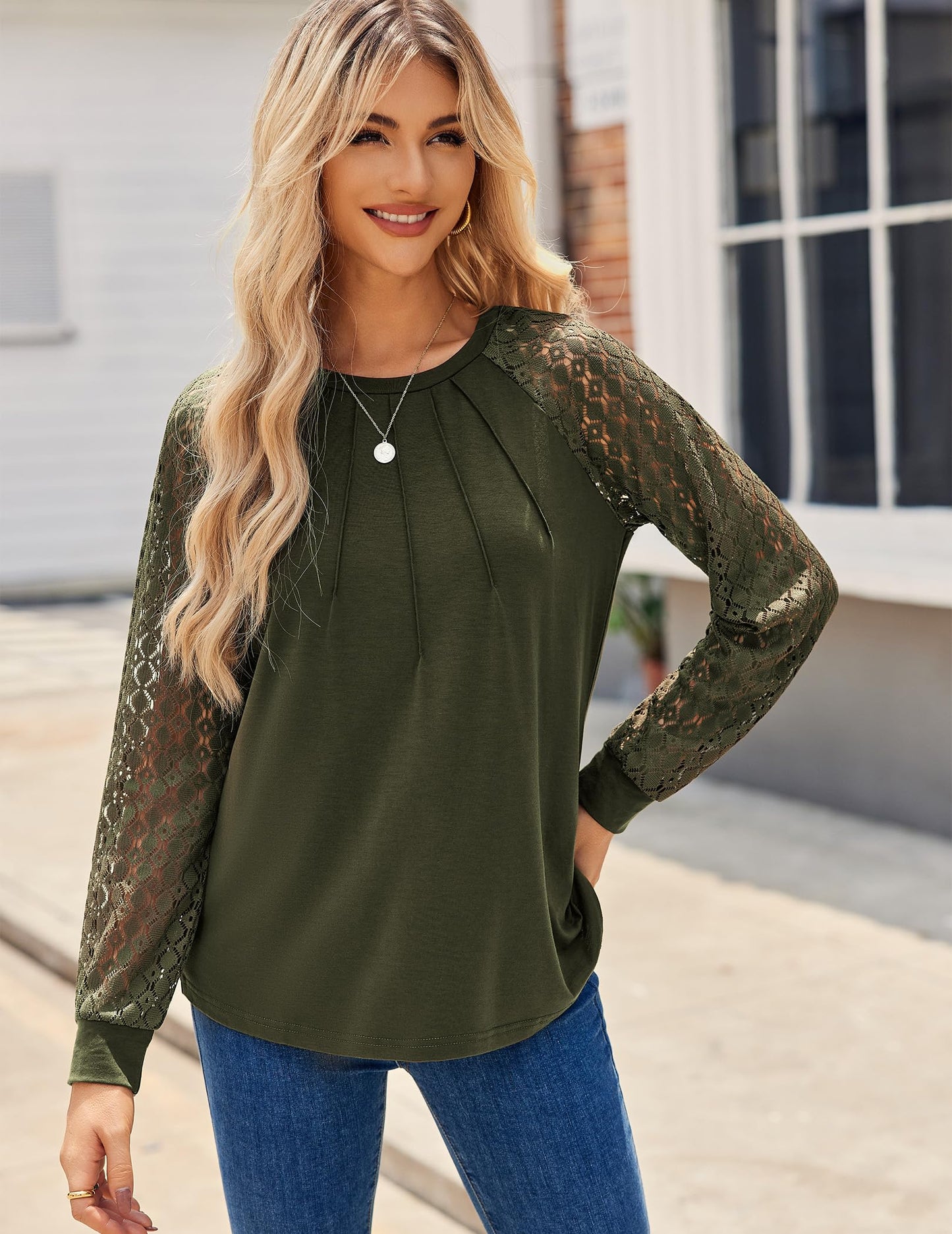 Women's Lace Long Sleeve Tops Dressy Business Casual Blouses Front Pleated Work Shirts