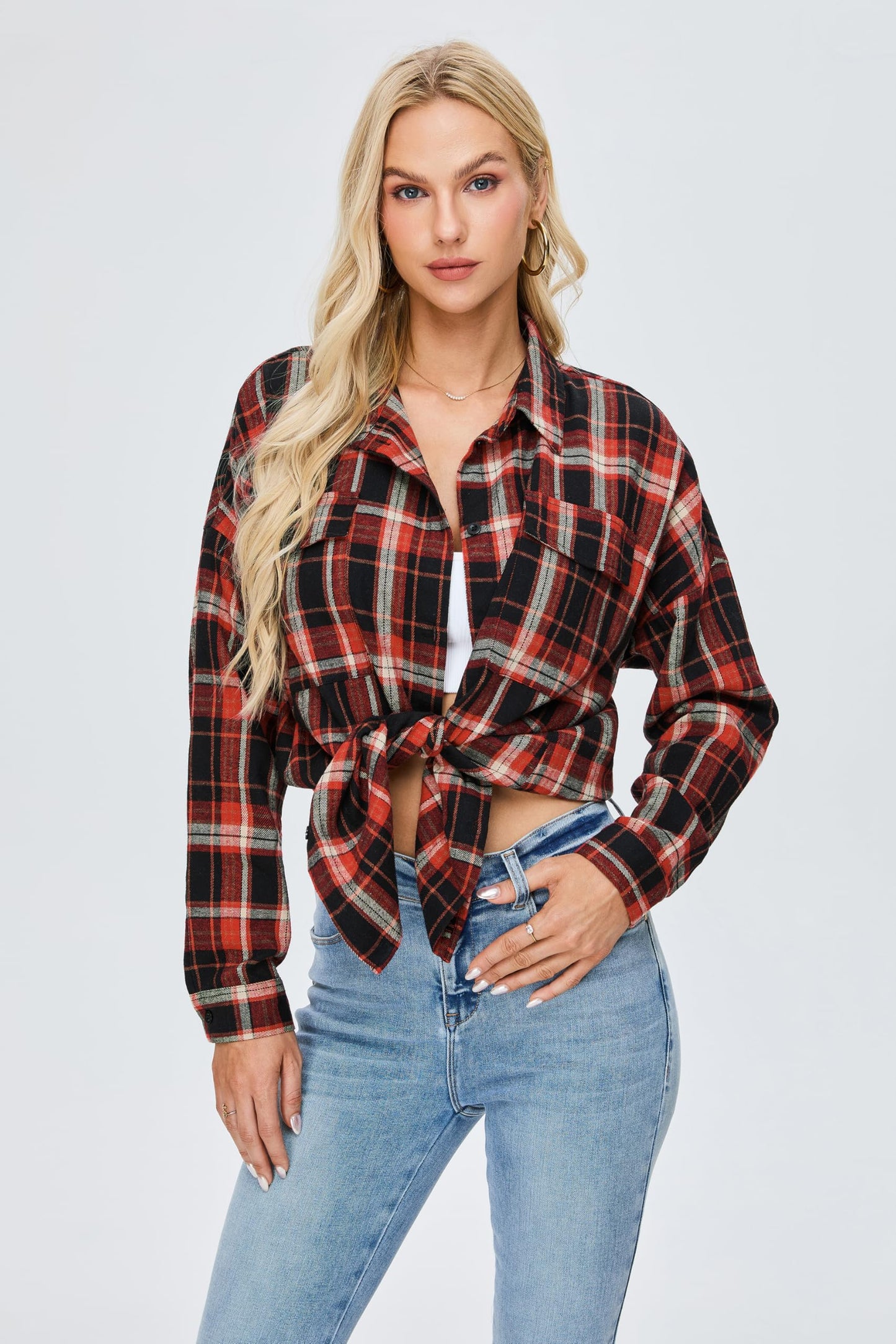Women's Button Down Flannel Shirts Plaid Shacket Long Sleeve Collared Business Casual Tops Work Blouses