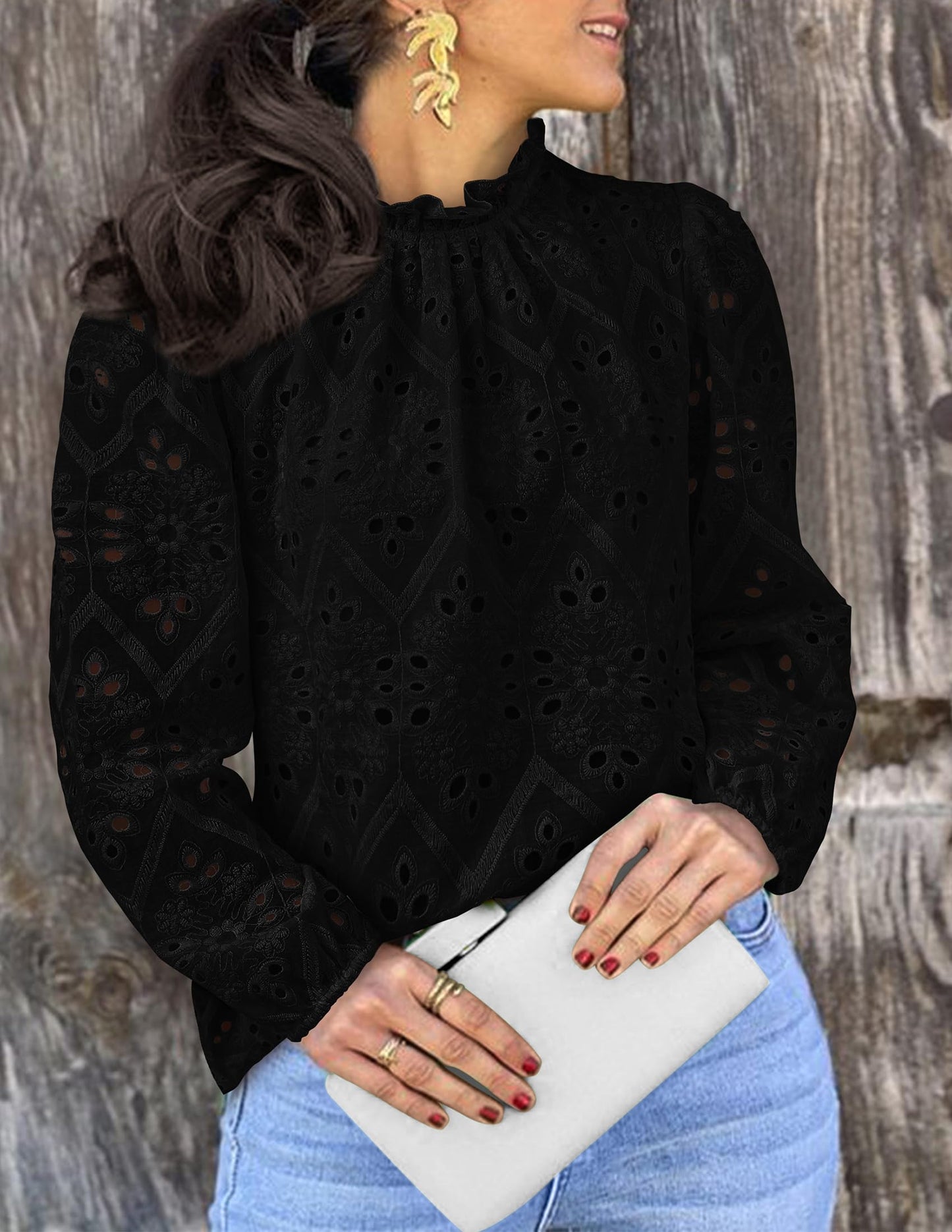 Women’s Blouses Dressy Casual Embroidered Long Puff Sleeve Shirts Ruffle Eyelet Lace Top
