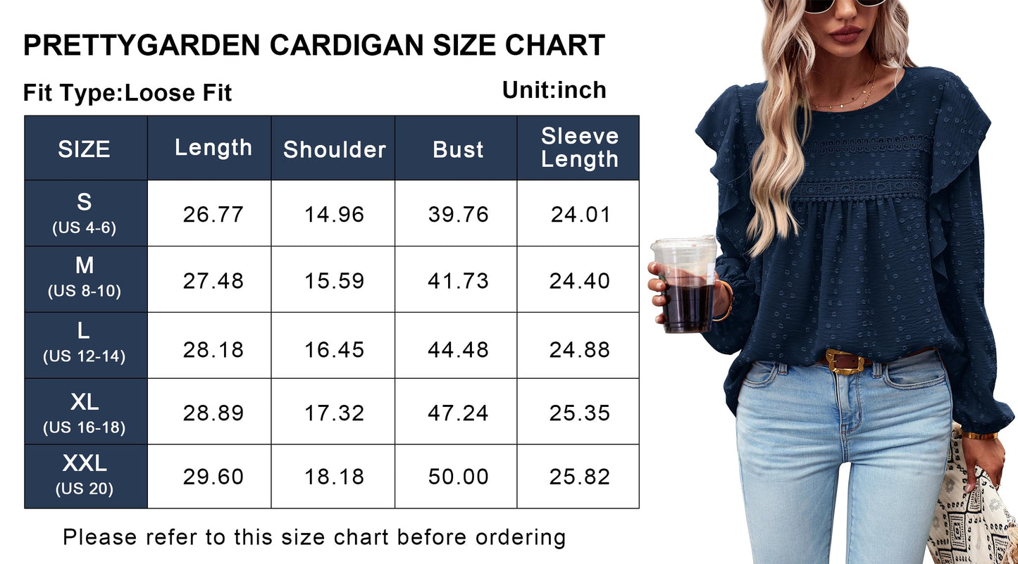Women's Long Sleeve Blouses Ruffle Swiss Dot Crochet Loose Fit
