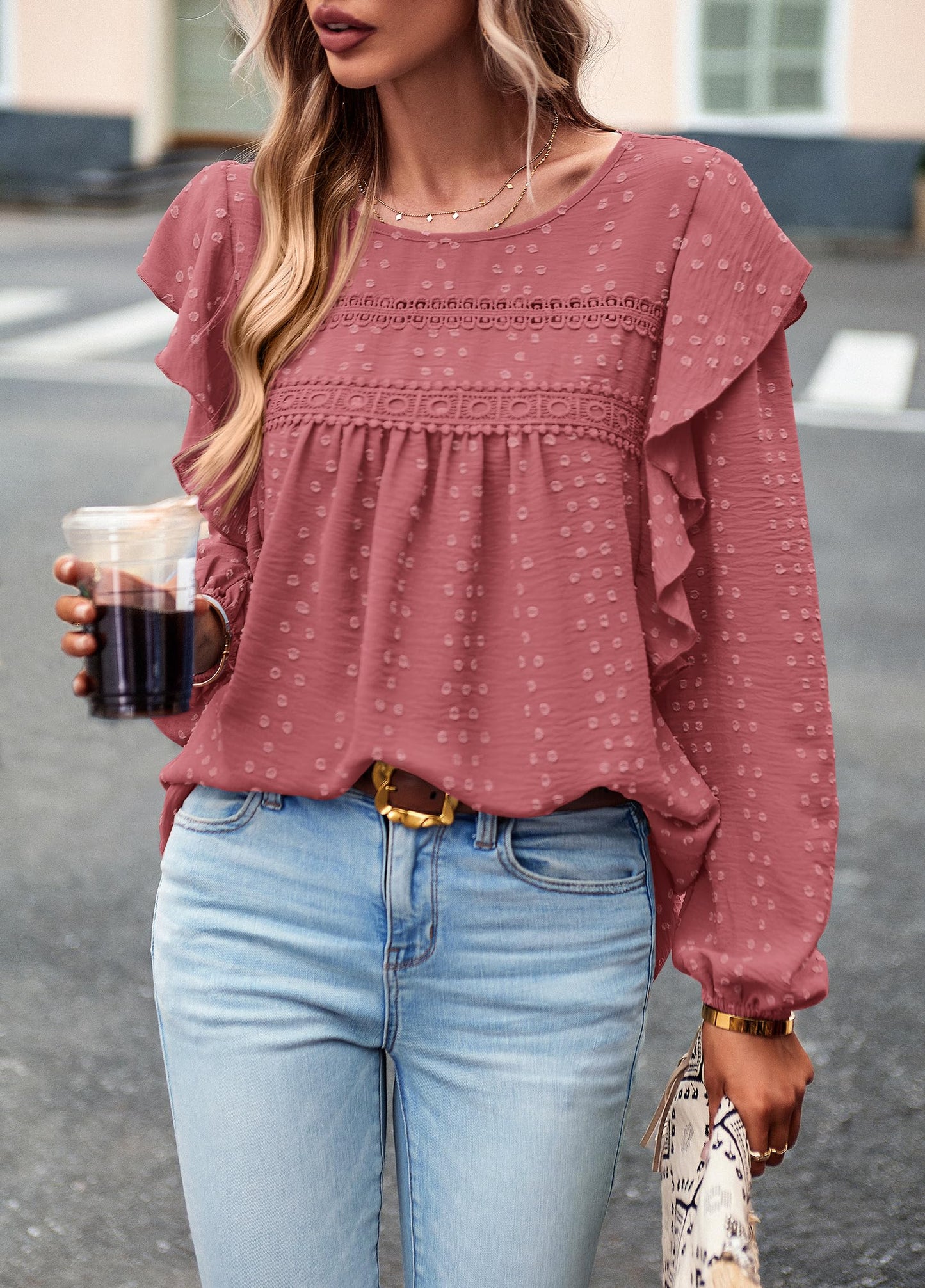 Women's Long Sleeve Blouses Ruffle Swiss Dot Crochet Loose Fit