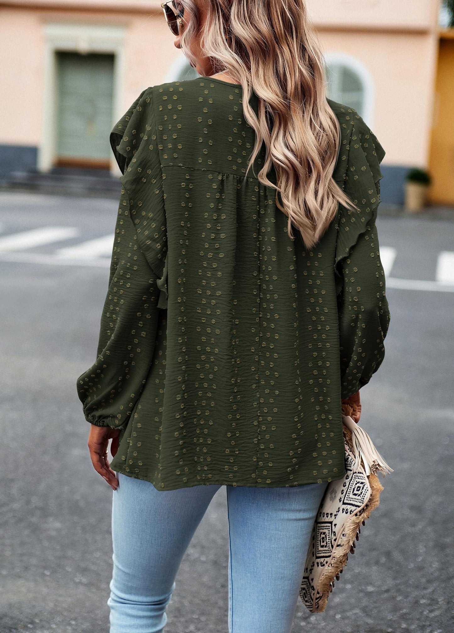 Women's Long Sleeve Blouses Ruffle Swiss Dot Crochet Loose Fit