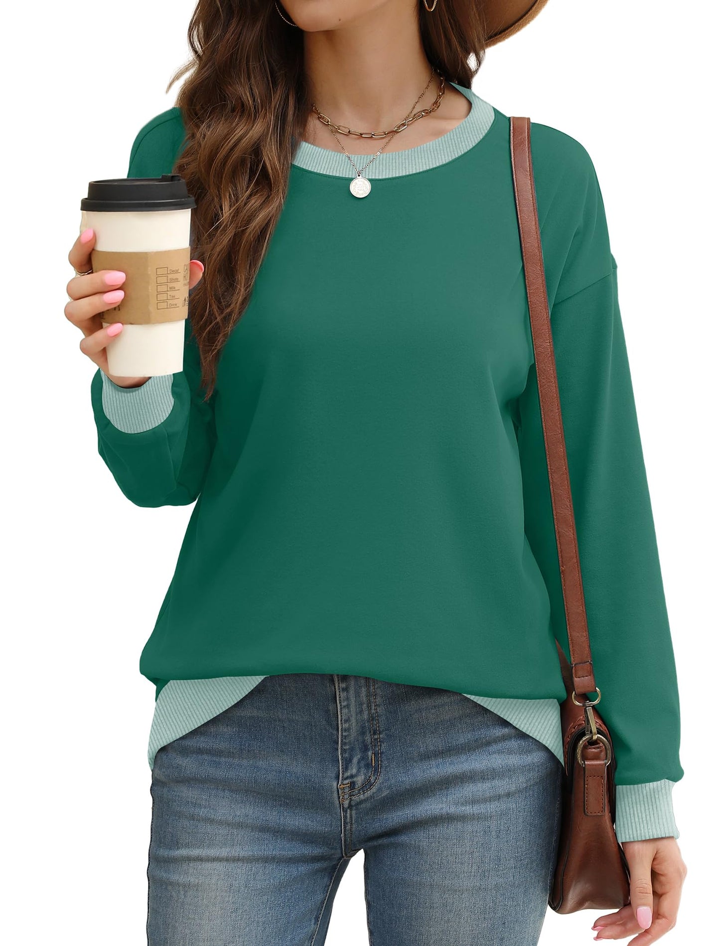 Sweatshirts for Women Crewneck Long Sleeve Loose Fit Tops Color Block Ribbed Trim Fashion
