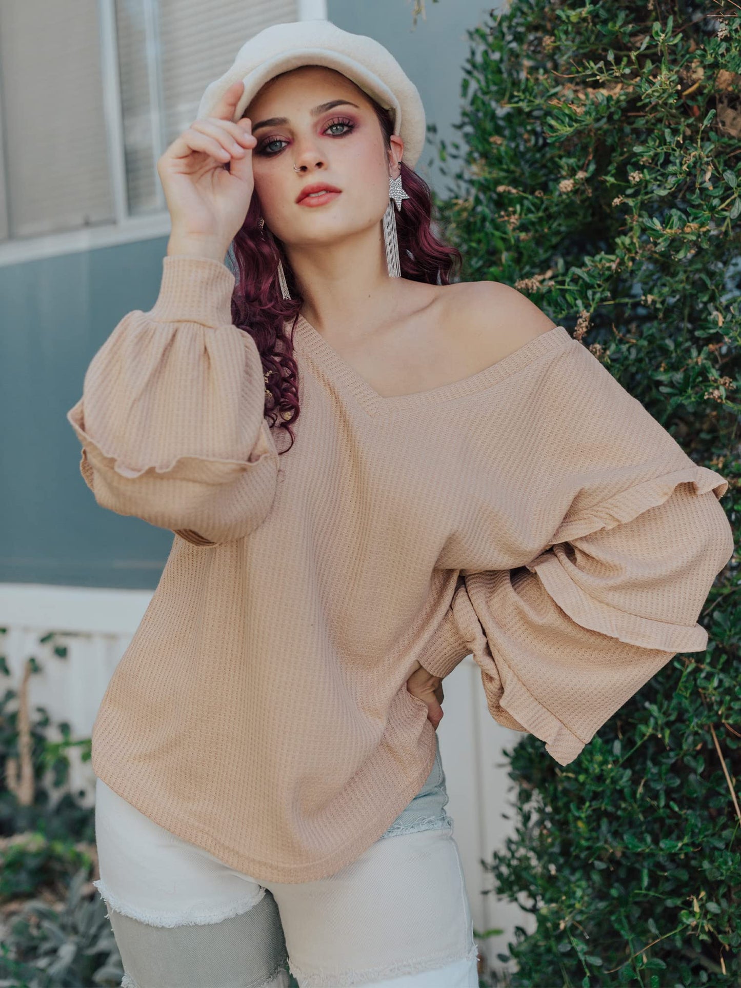 Women’s V Neck Long Sleeve Blouse Loose Fit Tunics Ruffles Off Shoulder Waffle Knit Solid Color Tops