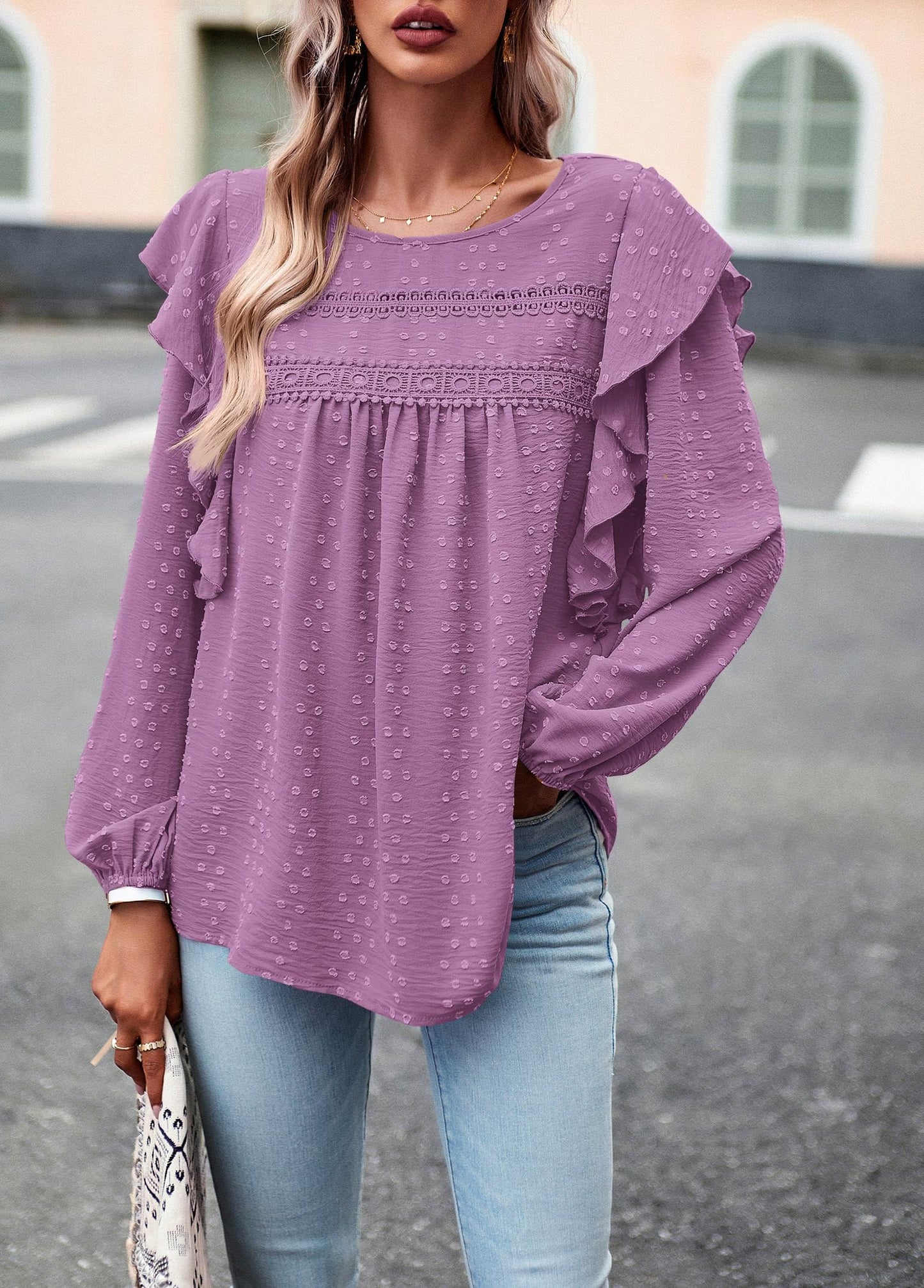 Women's Long Sleeve Blouses Ruffle Swiss Dot Crochet Loose Fit