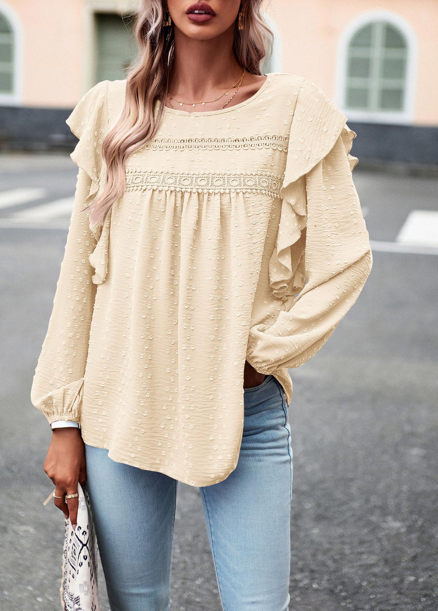 Women's Long Sleeve Blouses Ruffle Swiss Dot Crochet Loose Fit