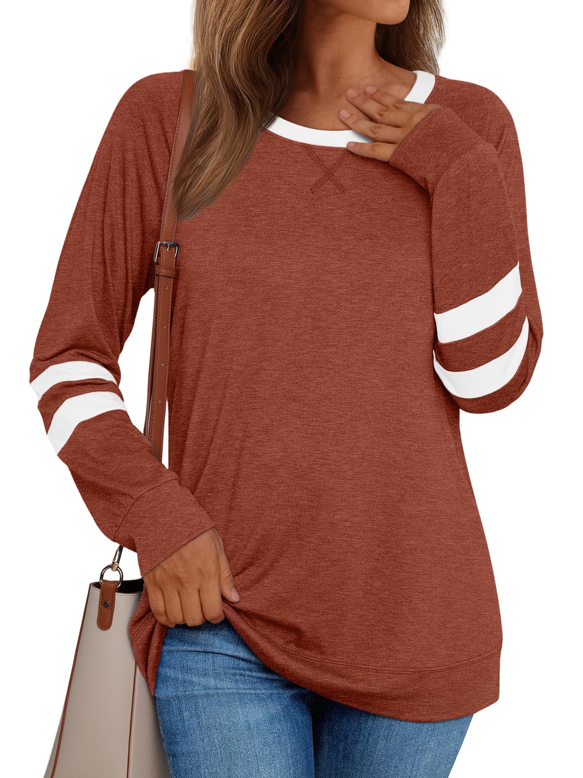 Womens Long Sleeve Shirts Color Block Casual Crewneck Tops Tshirt Basic Tees Fashion Clothes Trendy Outfits