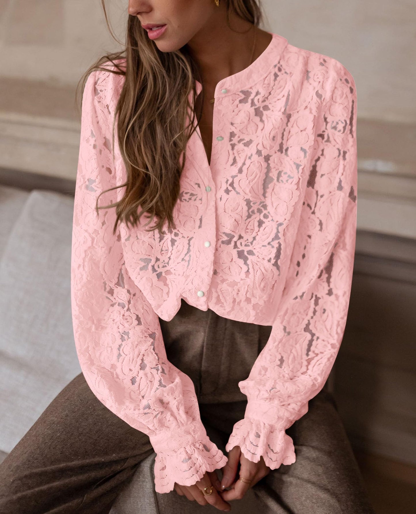 Women's Dressy Casual Lace Blouse Long Sleeve Button Up Shirts Tops