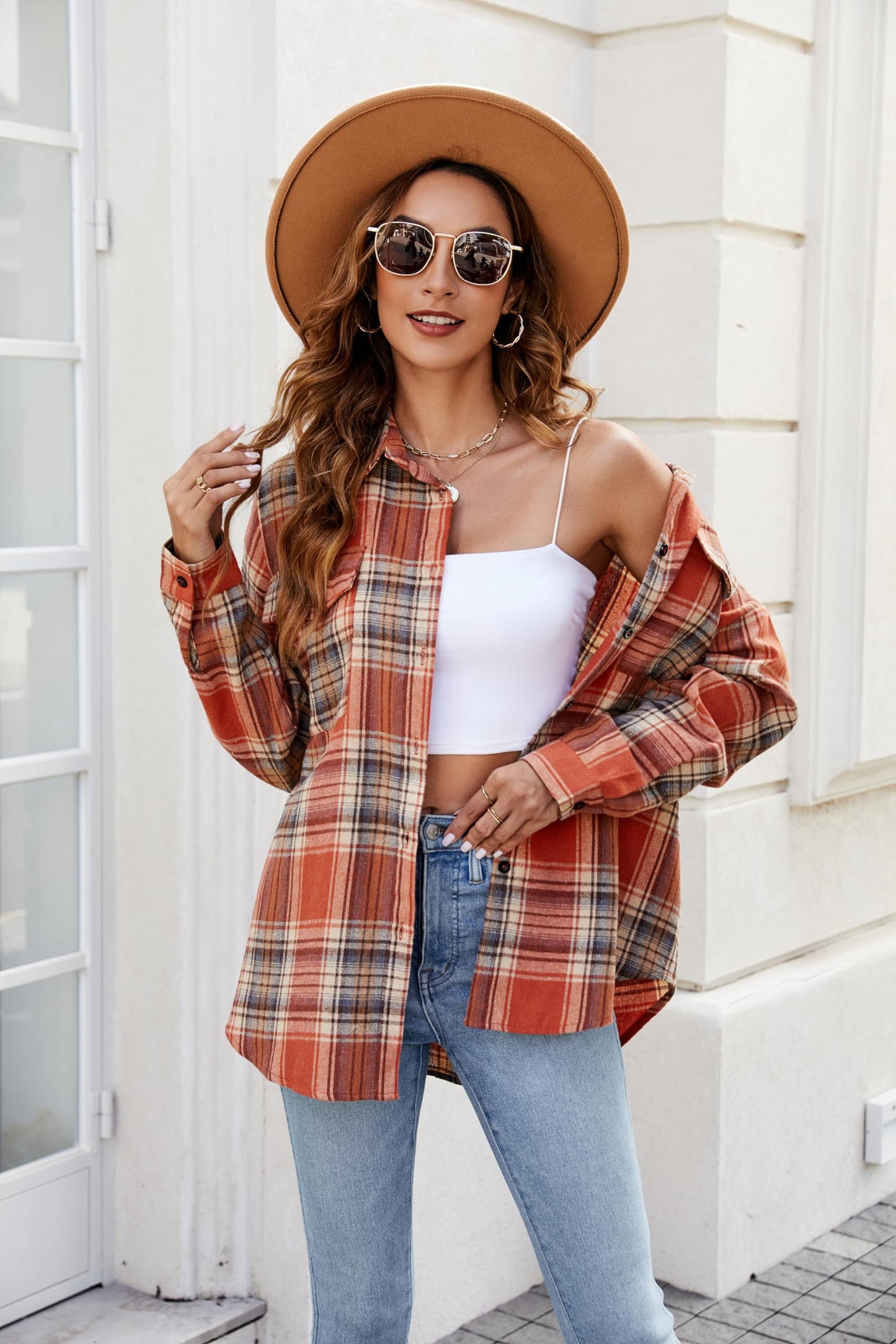 Women's Button Down Flannel Shirts Plaid Shacket Long Sleeve Collared Business Casual Tops Work Blouses