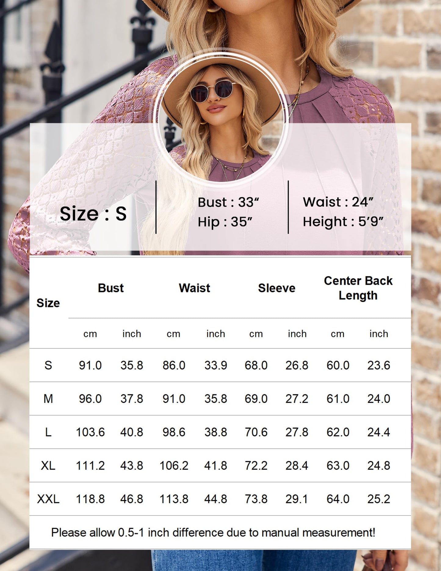 Women's Lace Long Sleeve Tops Dressy Business Casual Blouses Front Pleated Work Shirts