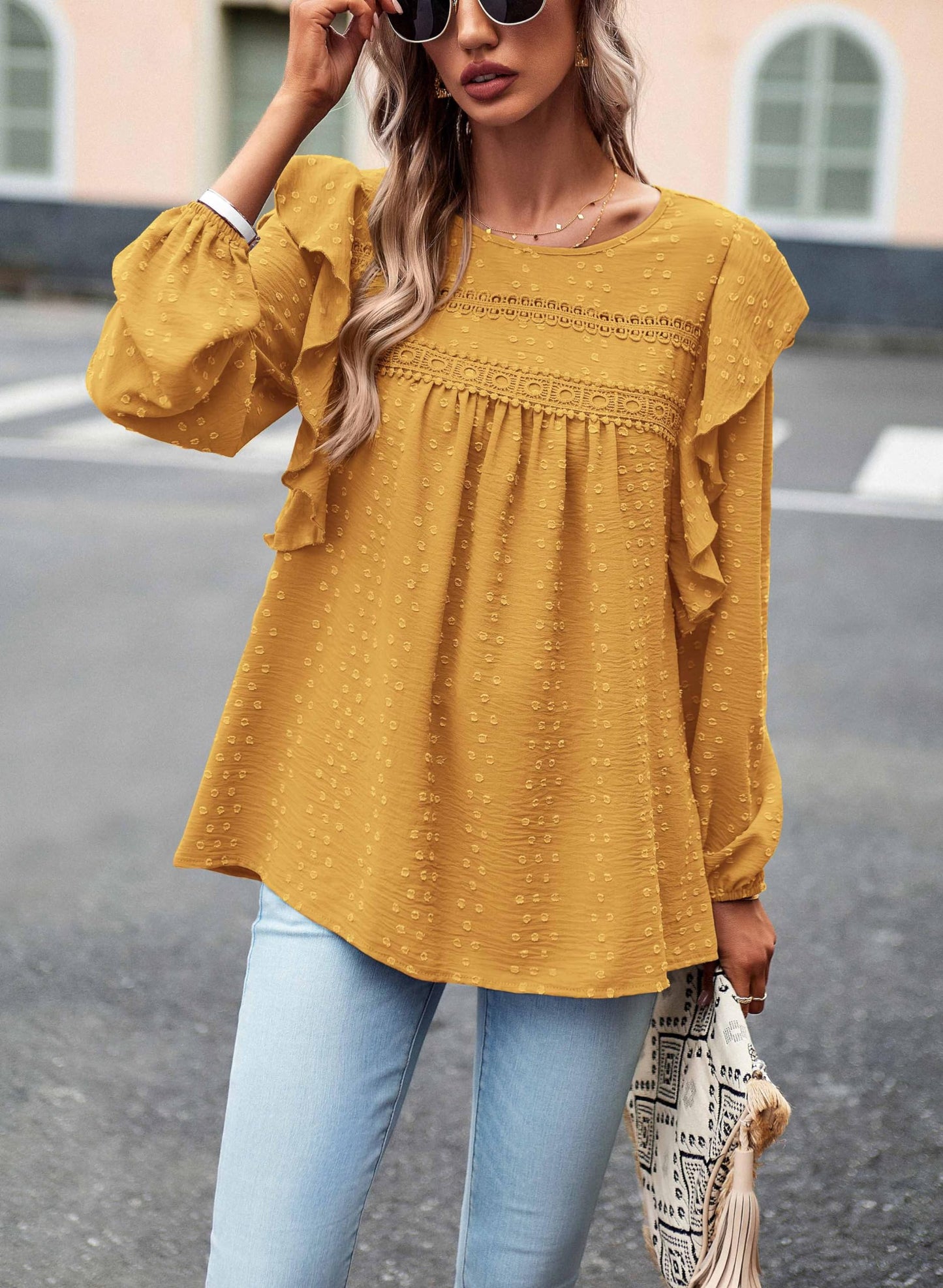 Women's Long Sleeve Blouses Ruffle Swiss Dot Crochet Loose Fit
