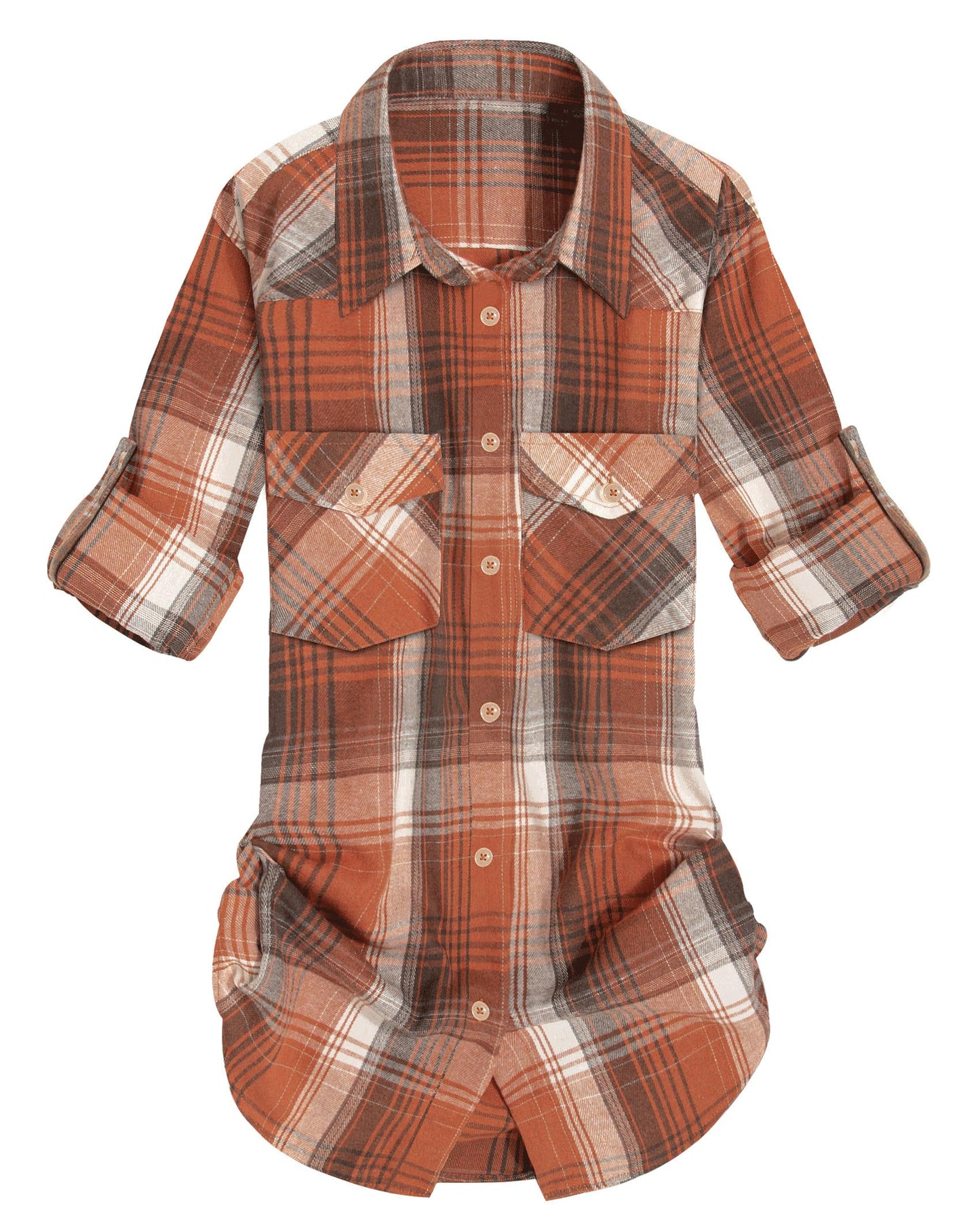 Womens Plaid Flannel Shirts Long Sleeve Roll Up Casual Button Down Shirt