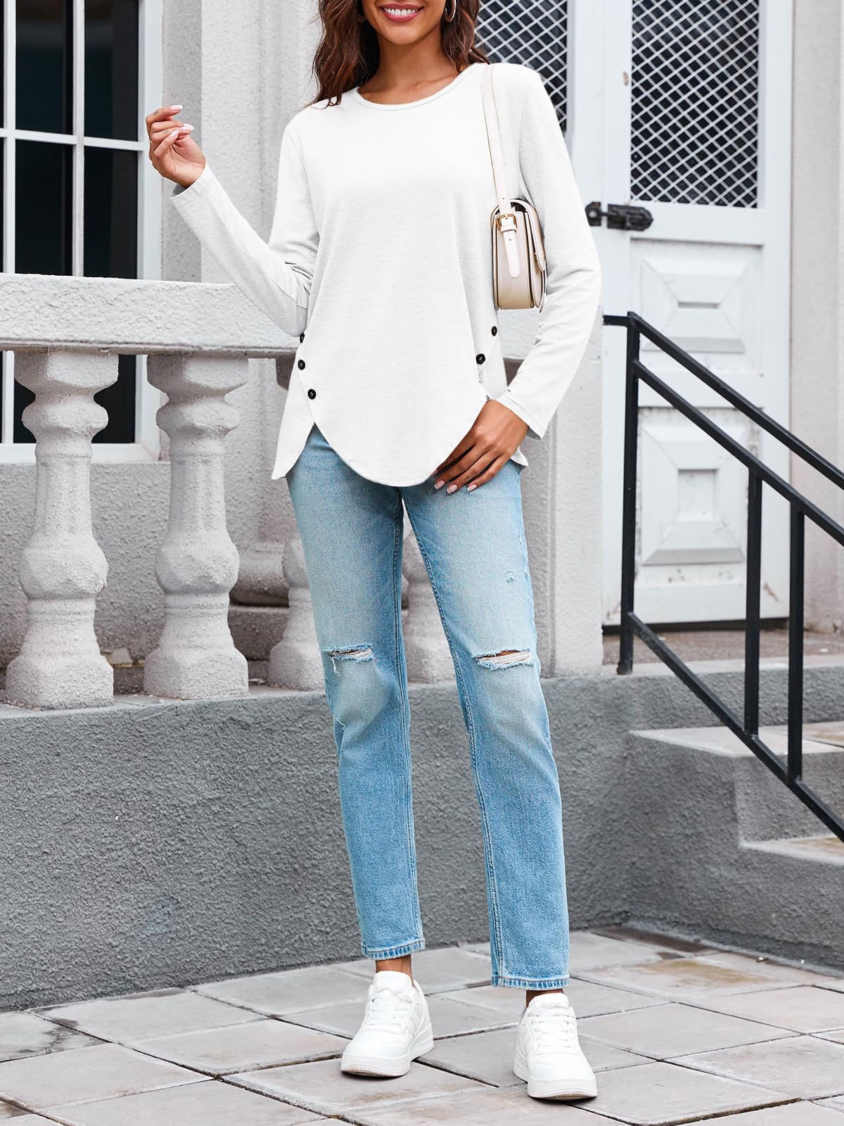 Womens Casual Long Sleeve Tunic Shirts Round Neck Button Side Blouses Tops