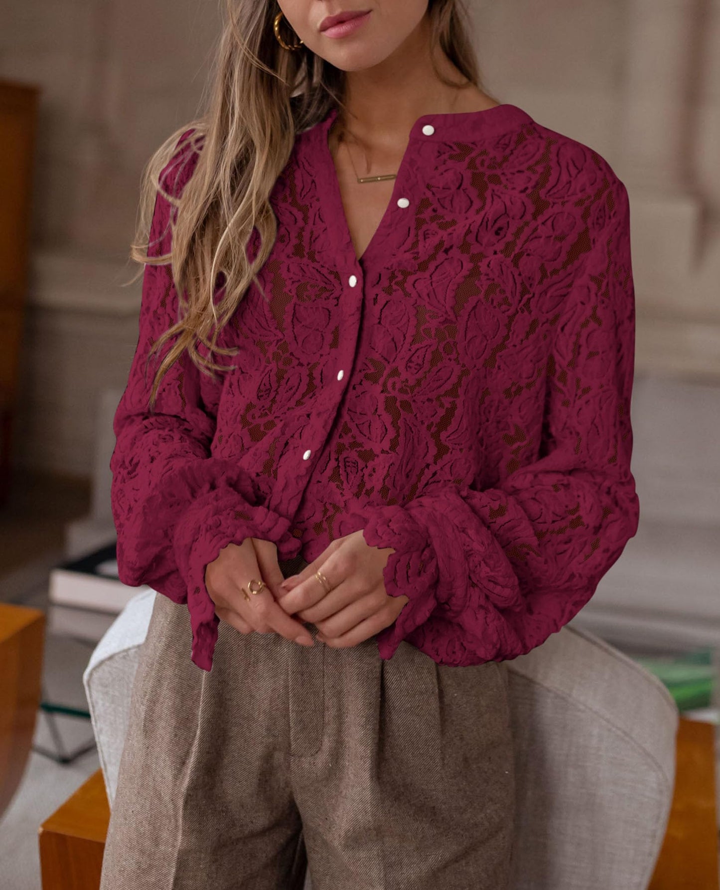 Women's Dressy Casual Lace Blouse Long Sleeve Button Up Shirts Tops