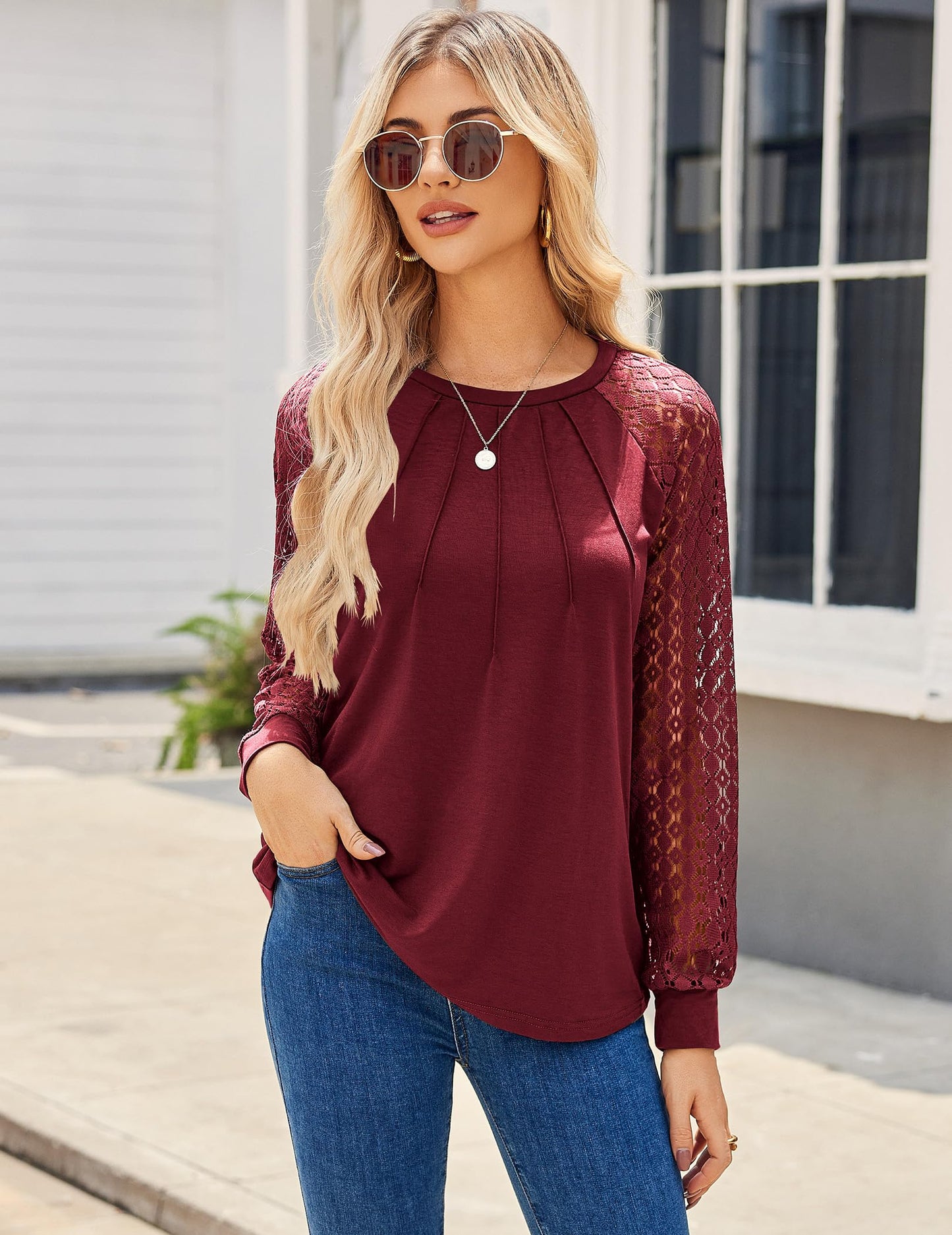Women's Lace Long Sleeve Tops Dressy Business Casual Blouses Front Pleated Work Shirts