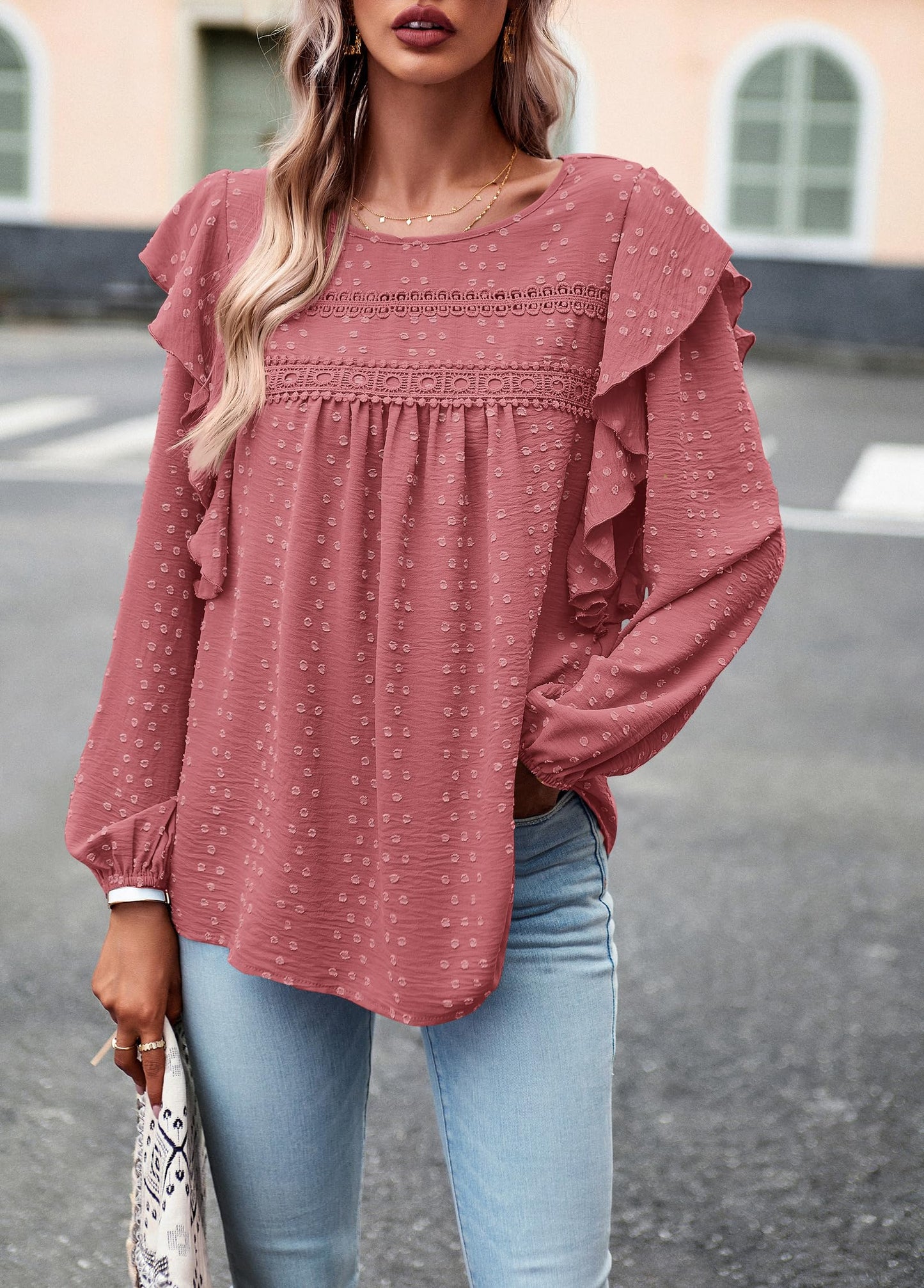 Women's Long Sleeve Blouses Ruffle Swiss Dot Crochet Loose Fit
