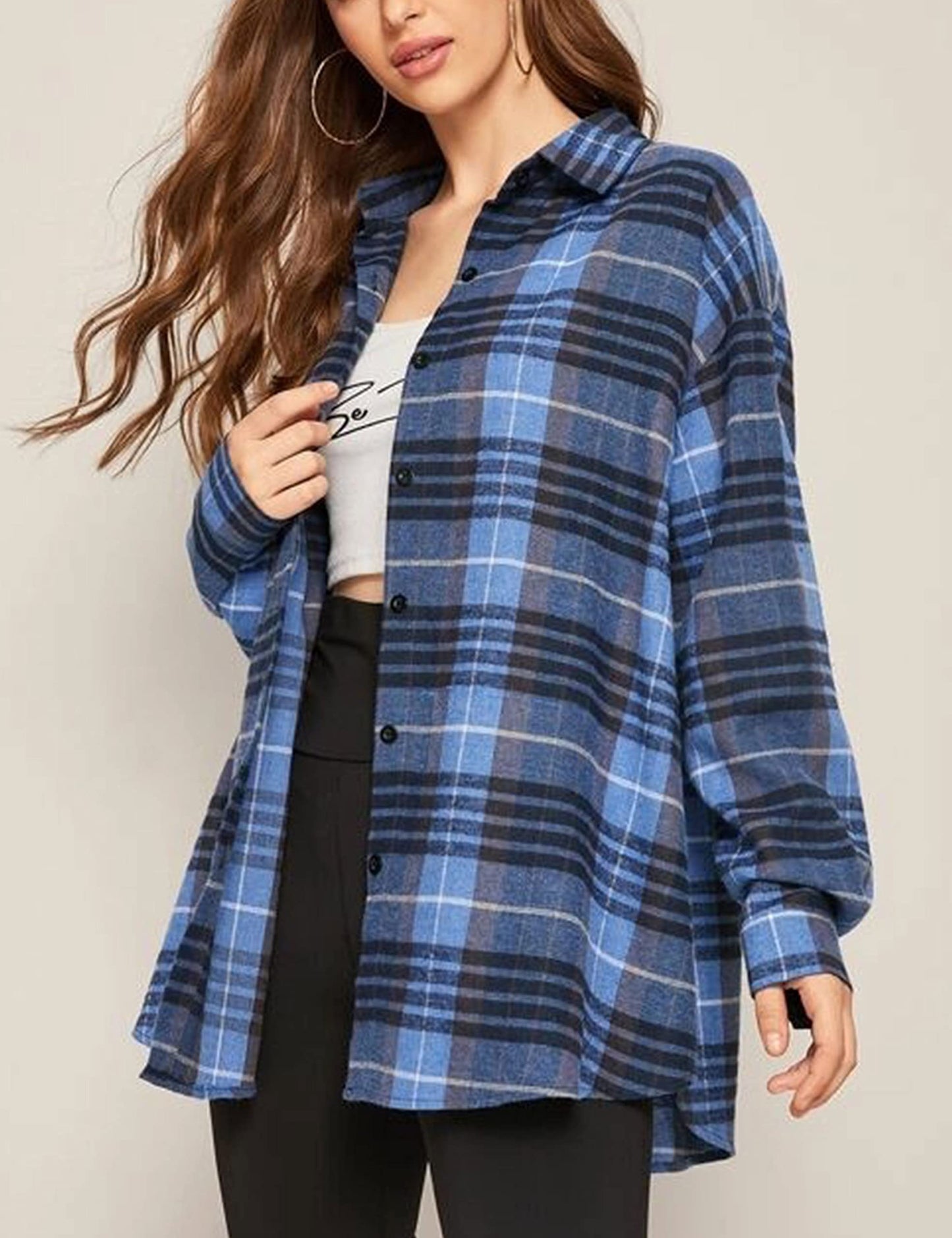 Plaid Flannel Shirts for Women Oversized Long Sleeve Button Down Buffalo Plaid Shirt Blouse Tops