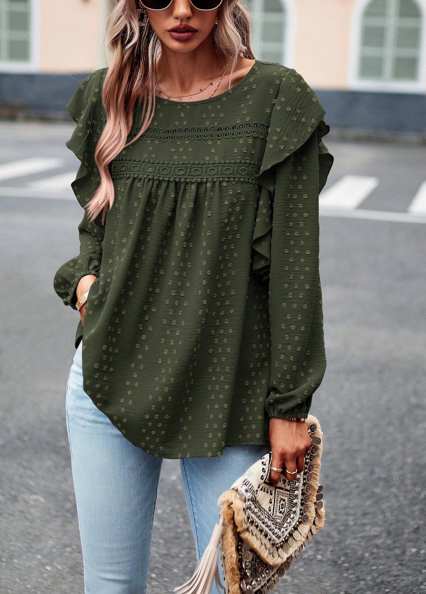 Women's Long Sleeve Blouses Ruffle Swiss Dot Crochet Loose Fit