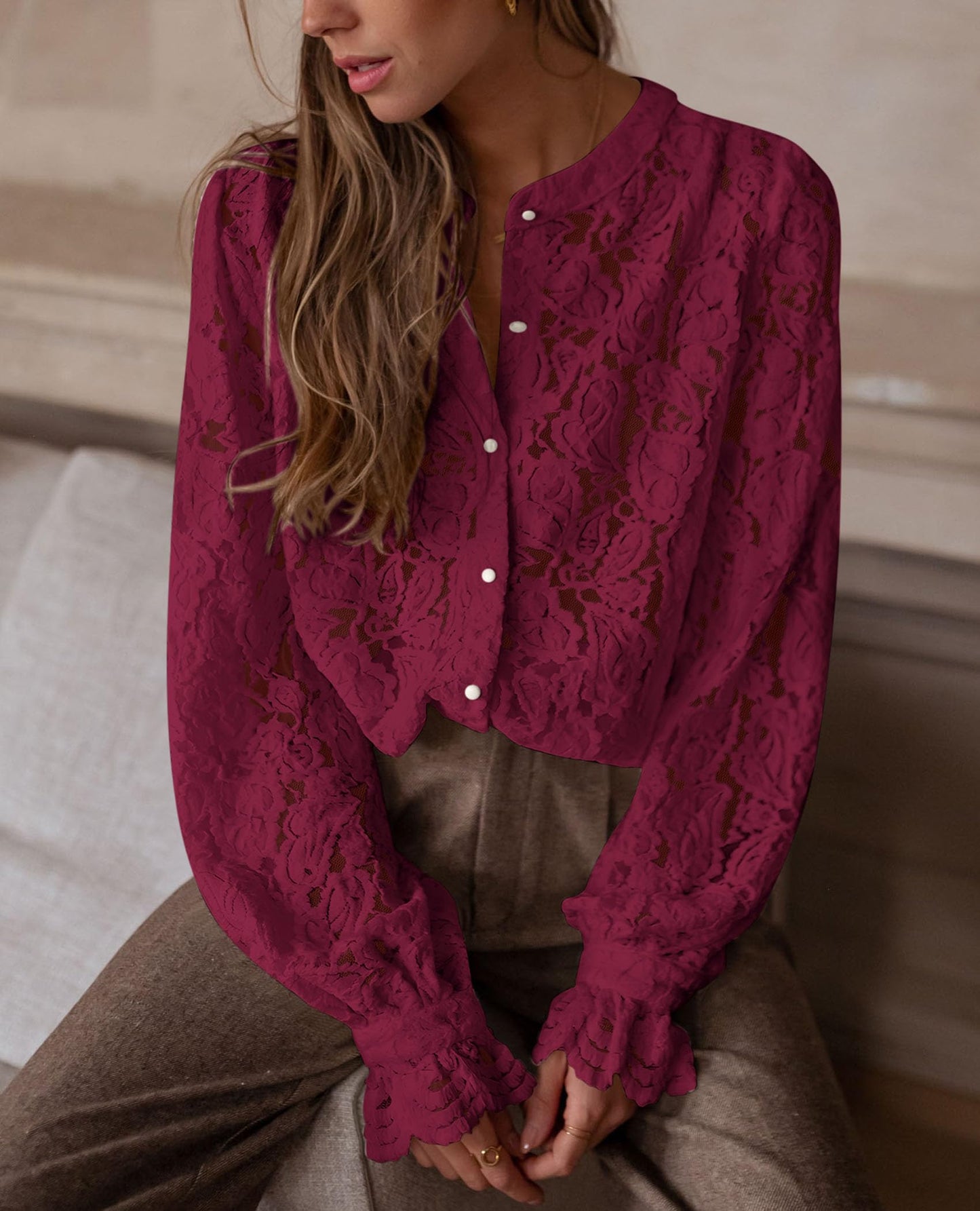 Women's Dressy Casual Lace Blouse Long Sleeve Button Up Shirts Tops