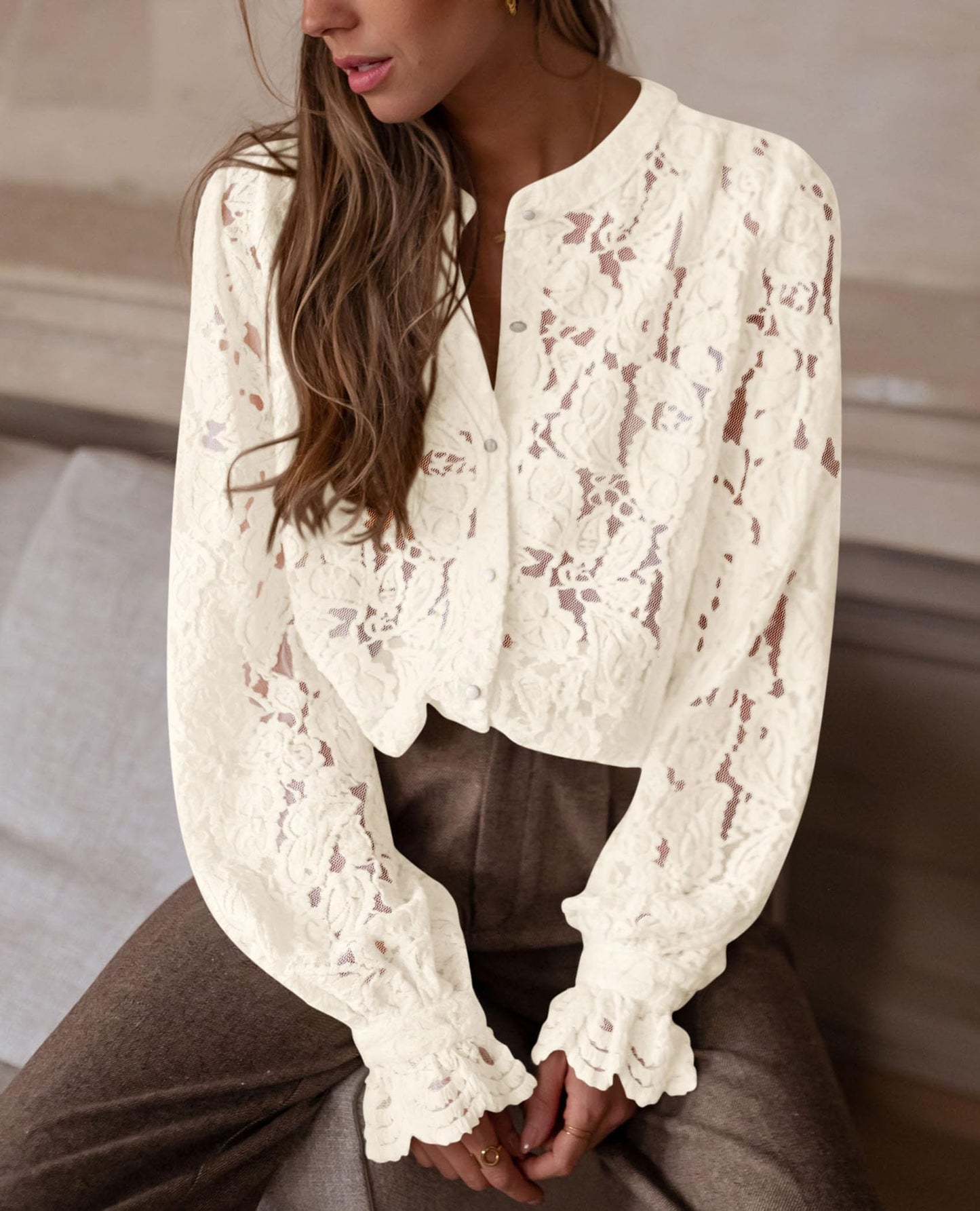 Women's Dressy Casual Lace Blouse Long Sleeve Button Up Shirts Tops