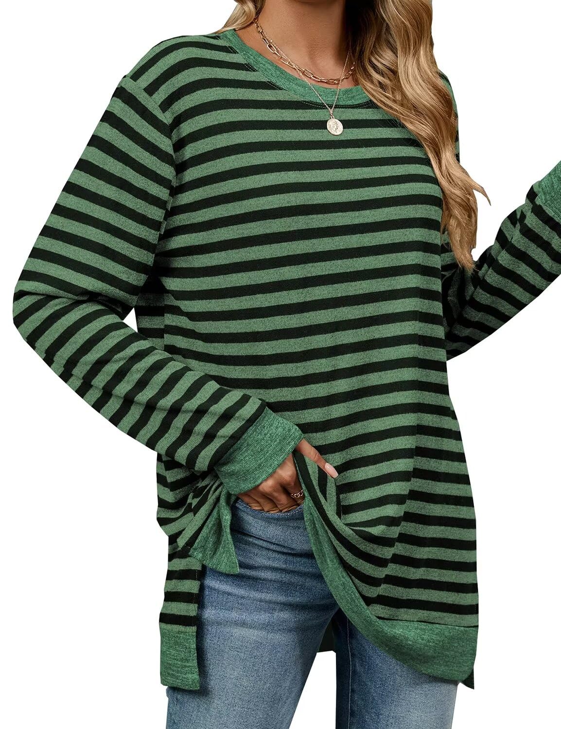 Womens Crewneck Pullovers Color Block Long Sleeve Side Split Tunic Tops