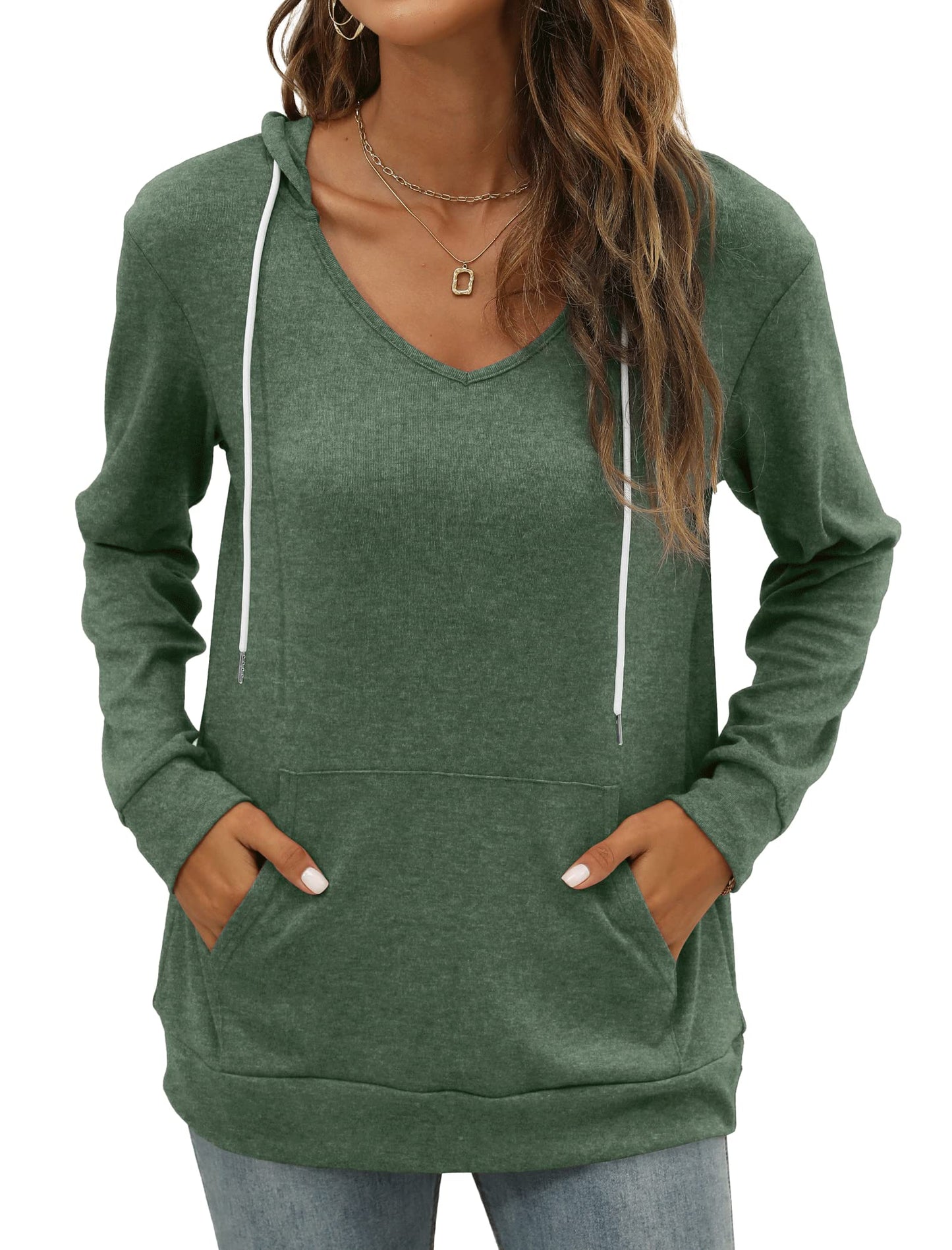 Pocket Hoodies for Womens V Neck Lightweight Sweatshirts Long Sleeve Tops