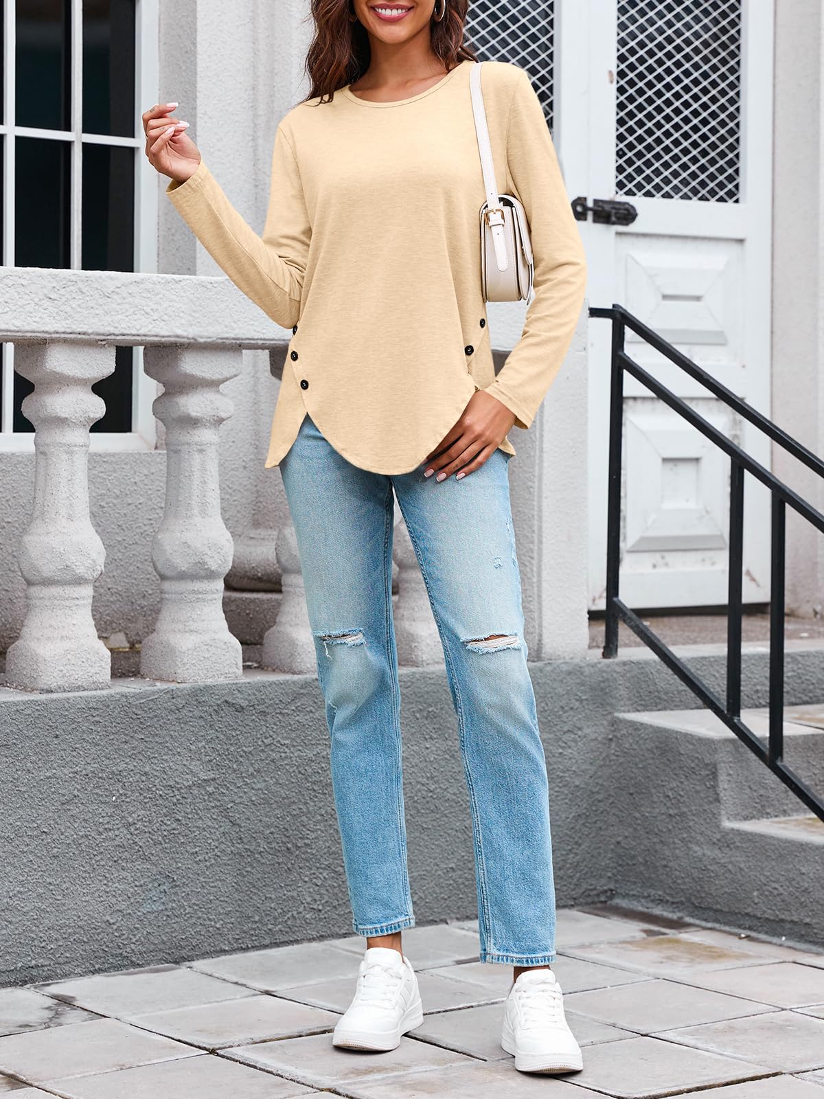 Womens Casual Long Sleeve Tunic Shirts Round Neck Button Side Blouses Tops