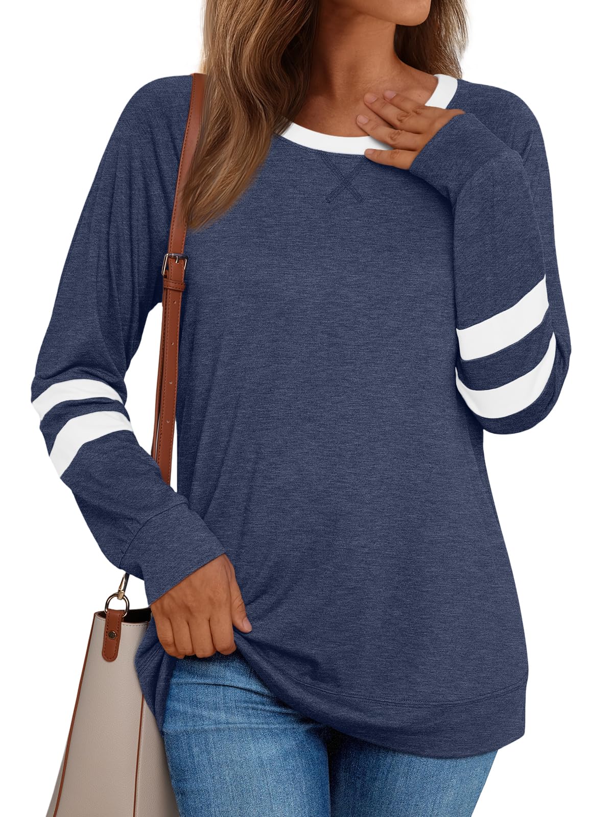 Womens Long Sleeve Shirts Color Block Casual Crewneck Tops Tshirt