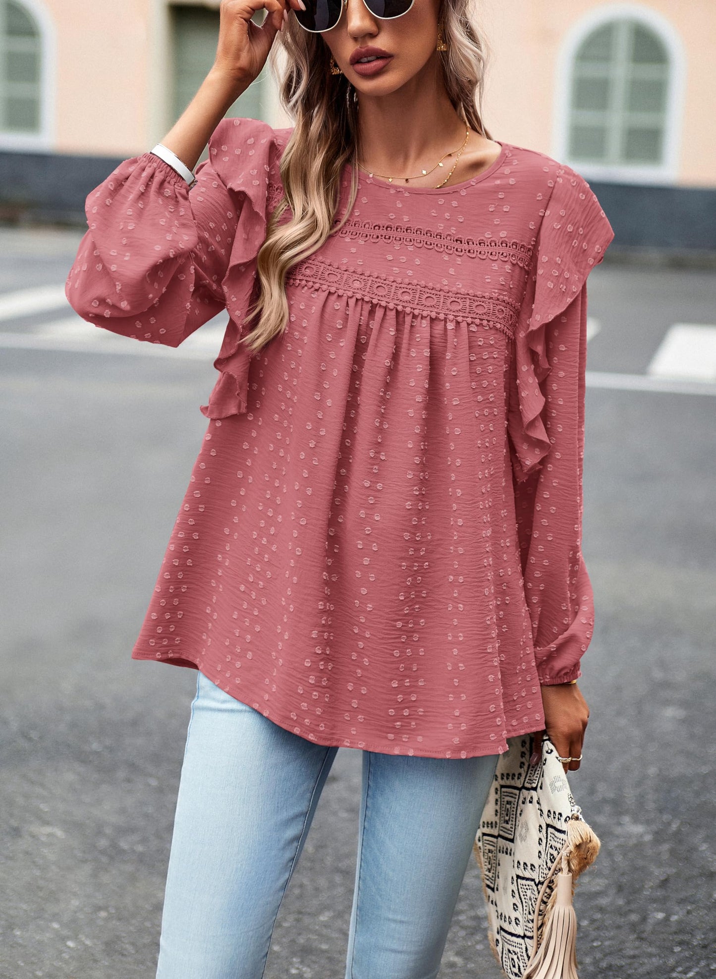 Women's Long Sleeve Blouses Ruffle Swiss Dot Crochet Loose Fit