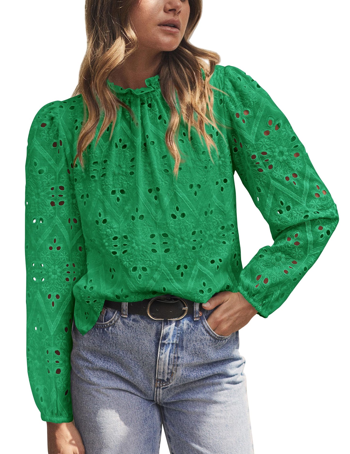 Women’s Blouses Dressy Casual Embroidered Long Puff Sleeve Shirts Ruffle Eyelet Lace Top