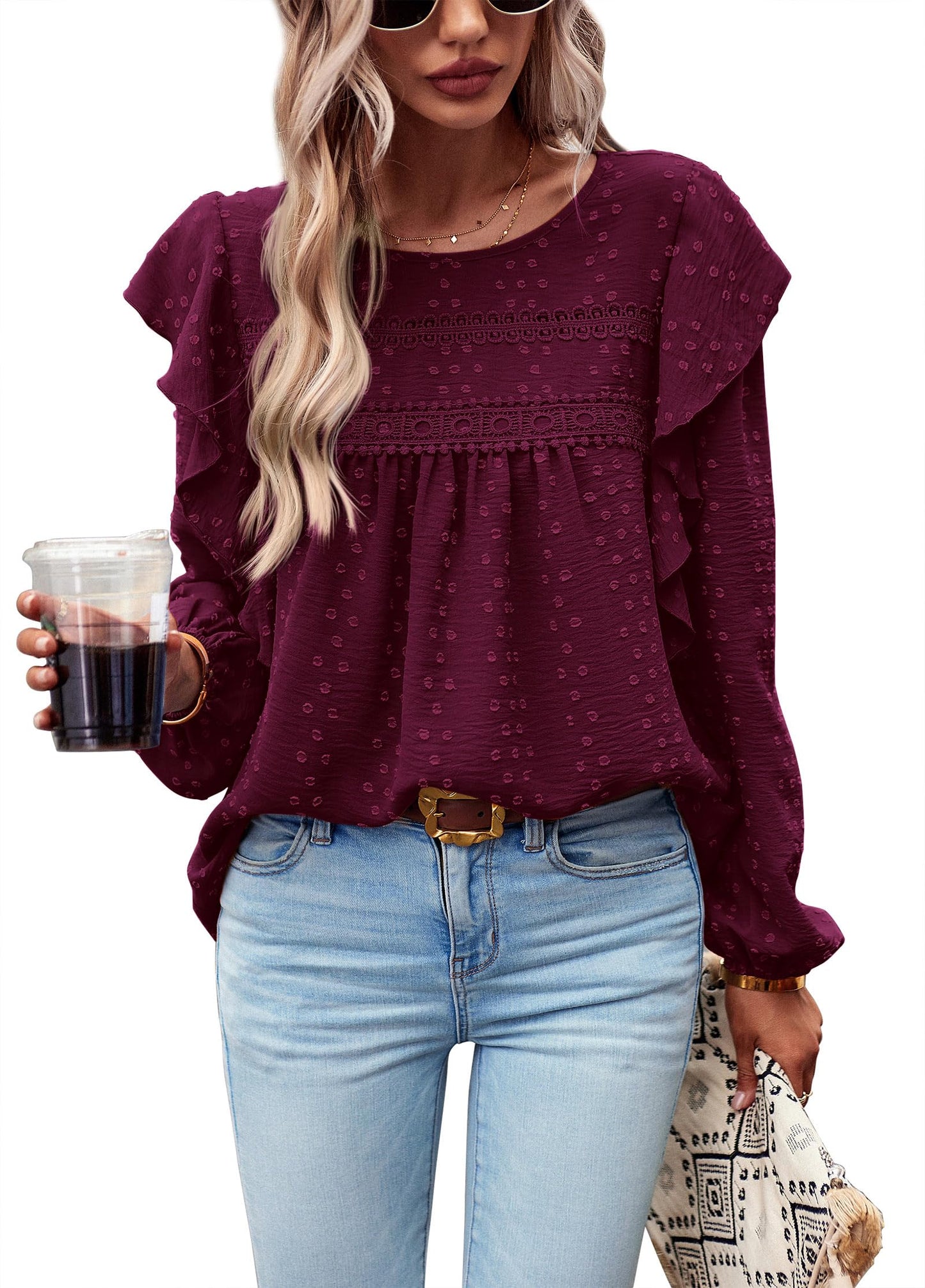 Women's Long Sleeve Blouses Ruffle Swiss Dot Crochet Loose Fit