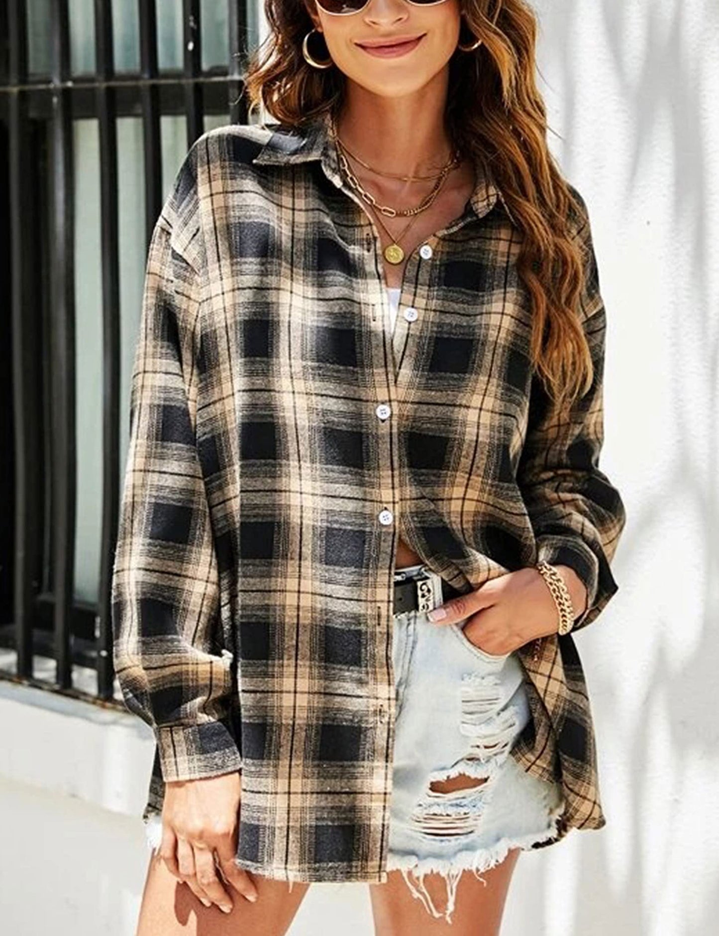 Plaid Flannel Shirts for Women Oversized Long Sleeve Button Down Buffalo Plaid Shirt Blouse Tops
