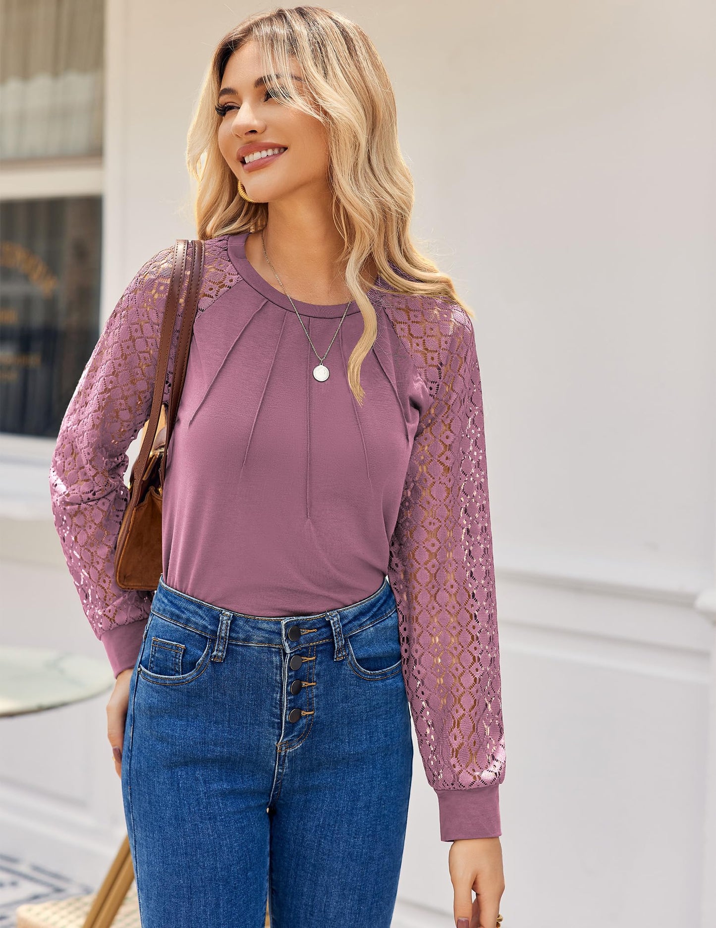 Women's Lace Long Sleeve Tops Dressy Business Casual Blouses Front Pleated Work Shirts