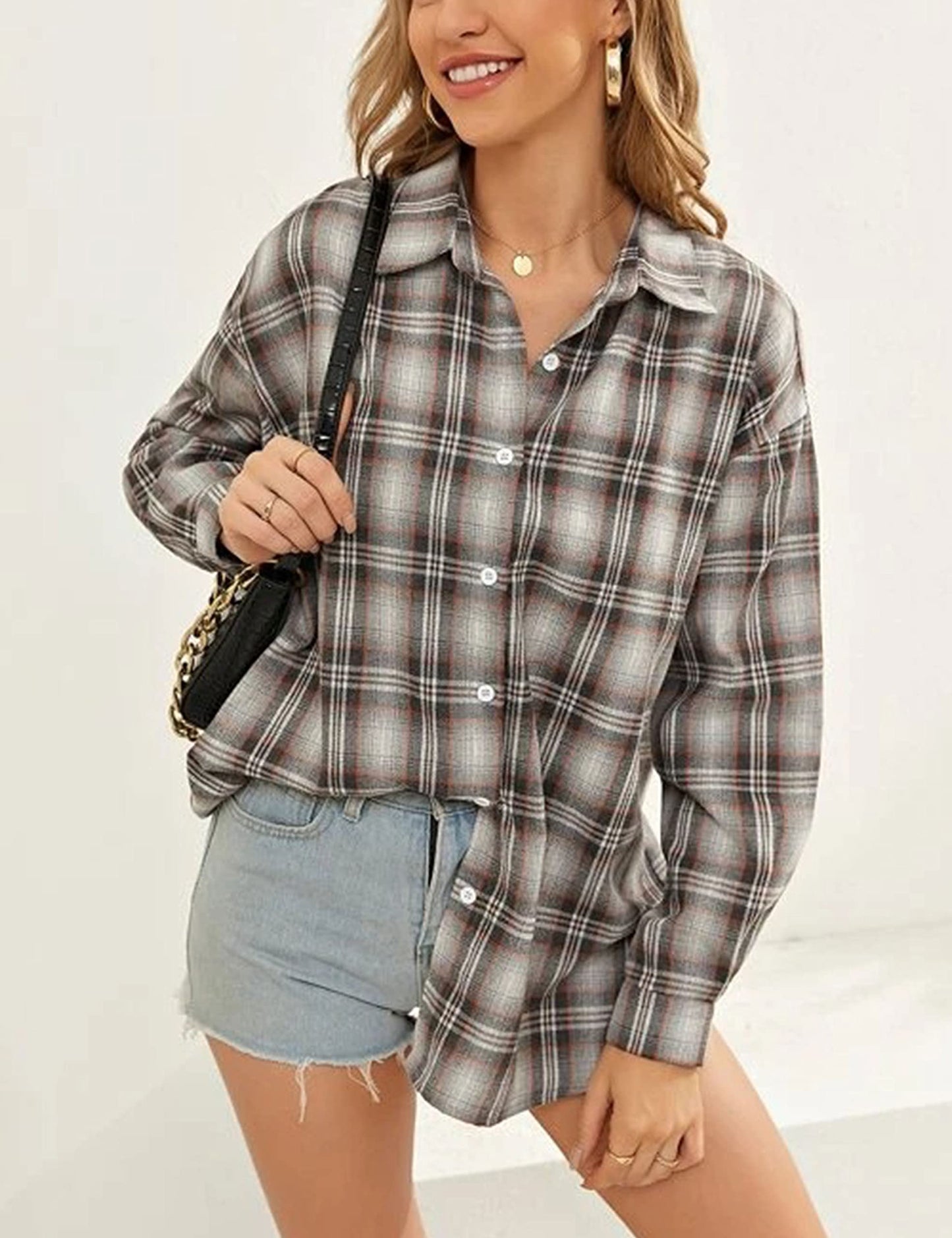 Plaid Flannel Shirts for Women Oversized Long Sleeve Button Down Buffalo Plaid Shirt Blouse Tops