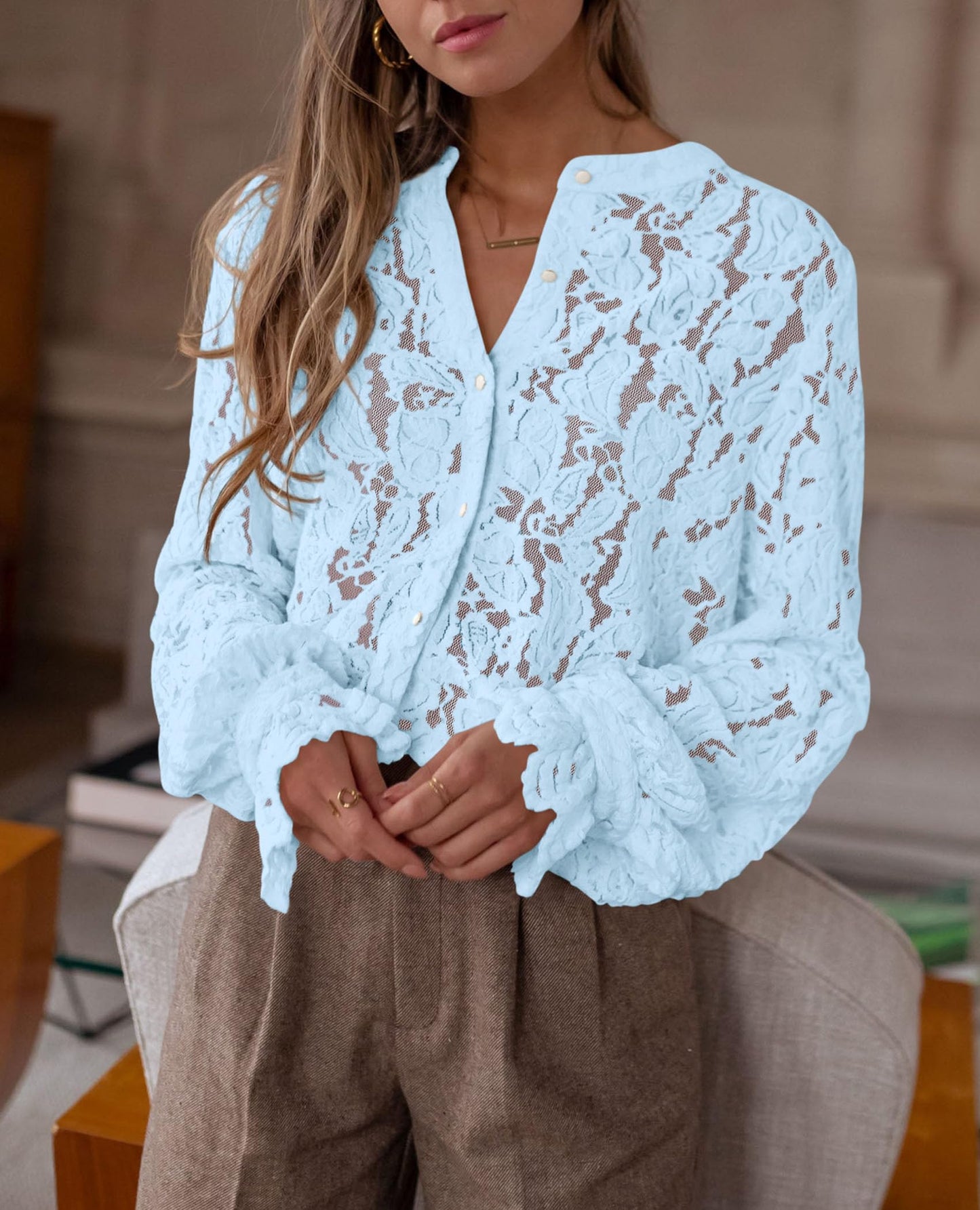 Women's Dressy Casual Lace Blouse Long Sleeve Button Up Shirts Tops