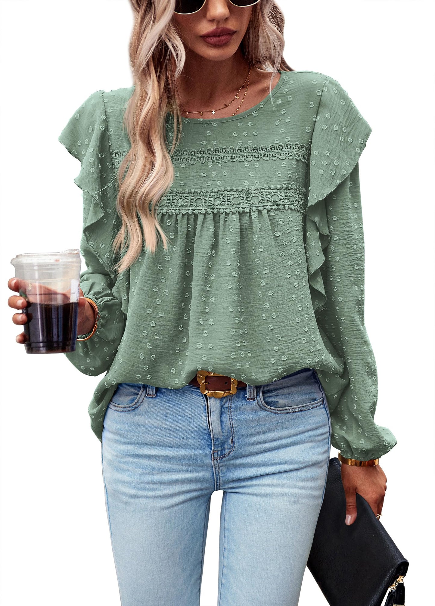 Women's Long Sleeve Blouses Ruffle Swiss Dot Crochet Loose Fit