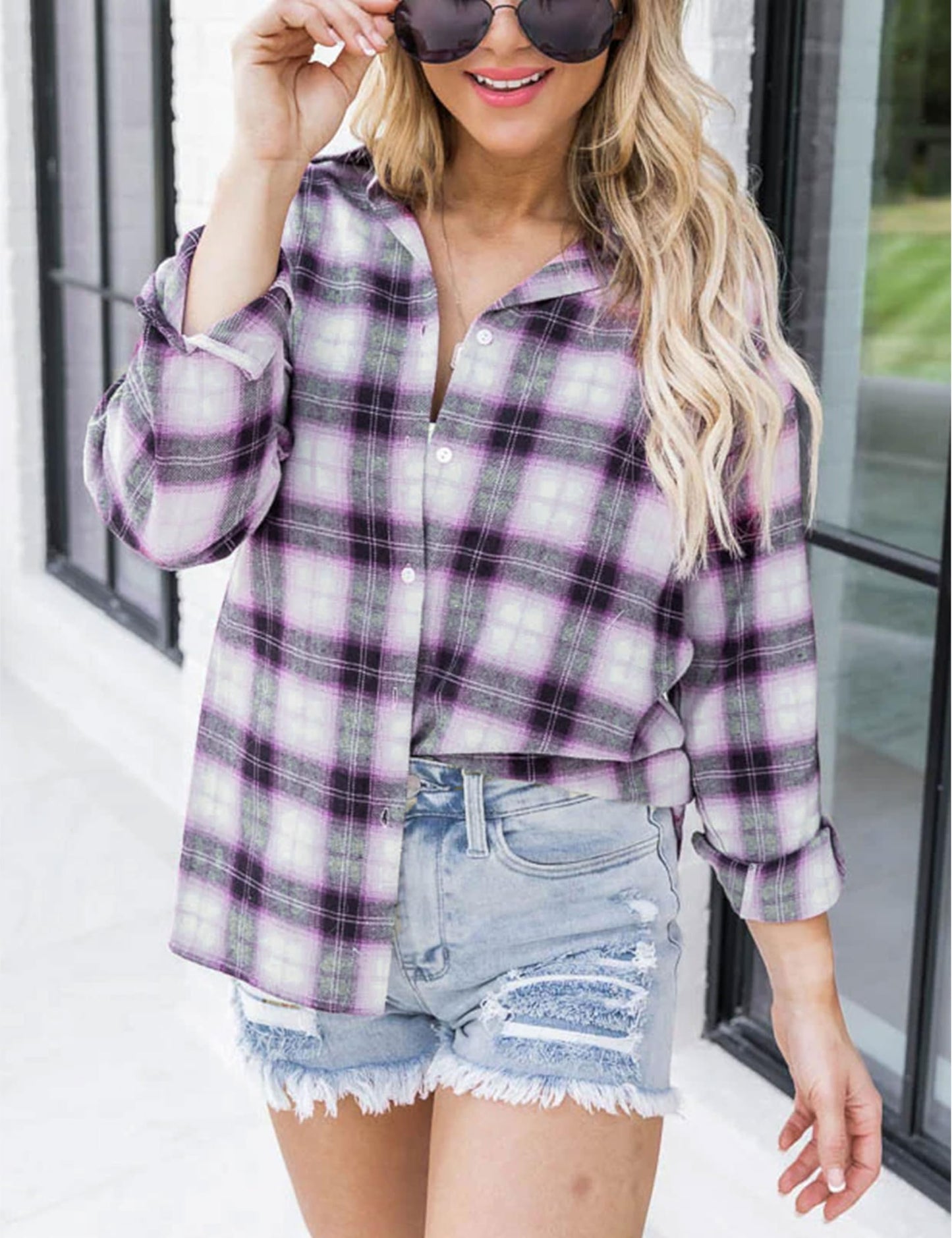 Plaid Flannel Shirts for Women Oversized Long Sleeve Button Down Buffalo Plaid Shirt Blouse Tops